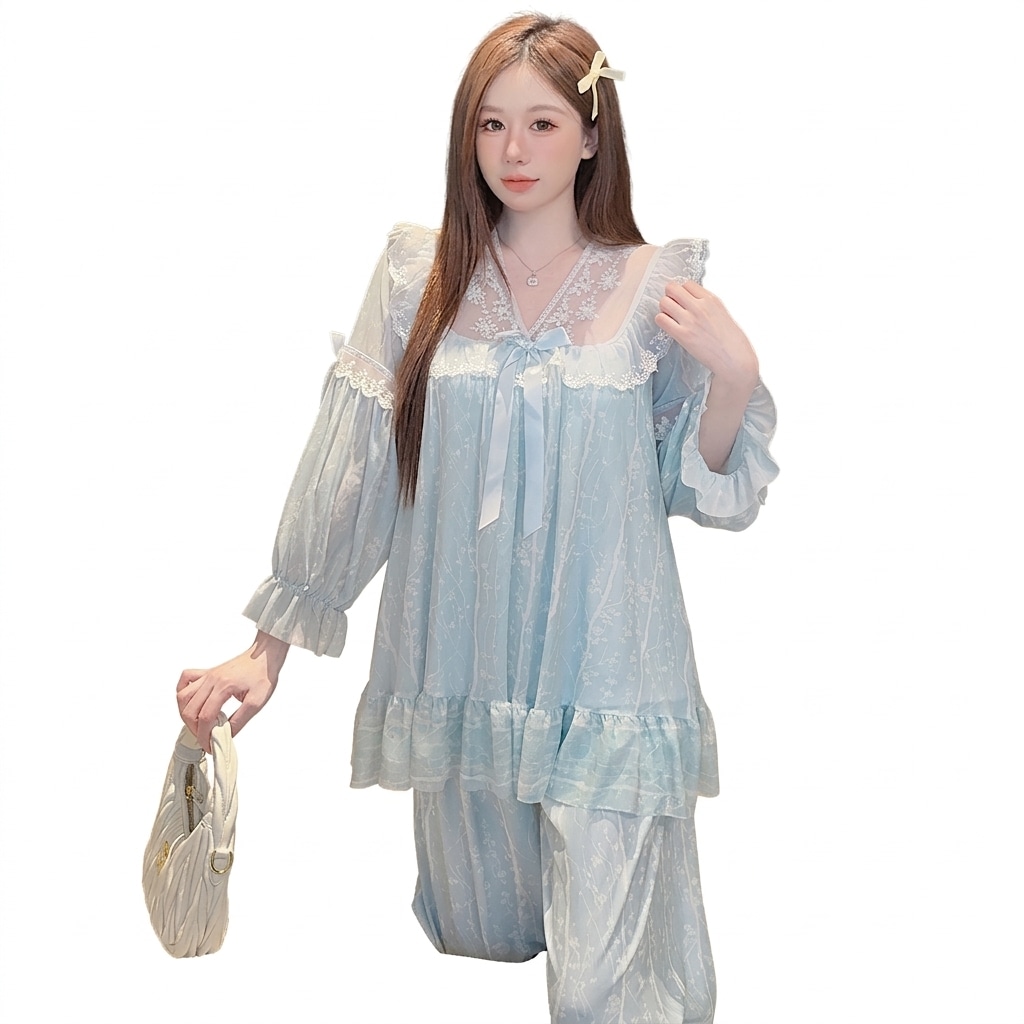 パジャマ レディース ルームウェア 姫系 寝巻き レース フリル リボン 上下セット 部屋着 大人可愛い フェミニン 清楚 お洒落 なめらか 肌触り セットアップ 春 夏 秋 スクエアネック プリンセ