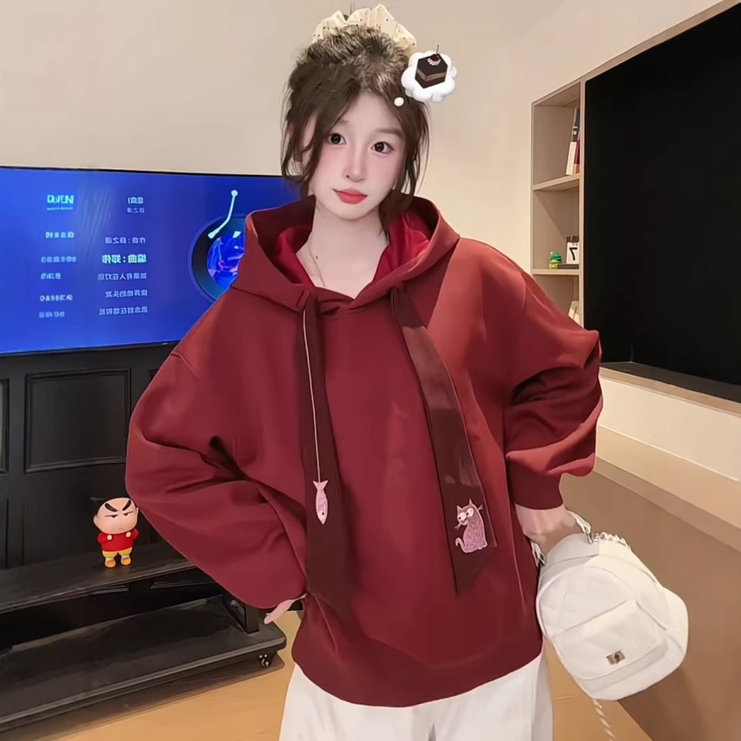 レディース パーカー 猫 さかな 刺しゅう ロング紐 フーディー ビッグ影ぼうし ティーシャツ 好いたらしい 今めかしい 汗水 調教師 秋 冬 長袖 流行り物 心地よい ゆったり トップス 翰林院