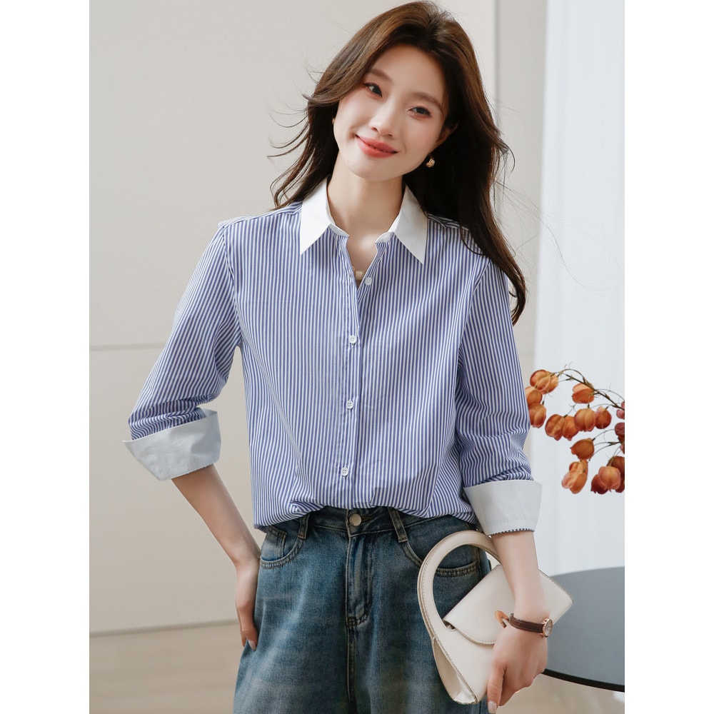 クレリックシャツ レディース ストライプ ブラウス 長袖 襟付き 事務服 形態安定 きれいめ オフィスカジュアル 通勤着 上品 20代 30代 40代 着回し 体型カバー 春服 秋服 前開き 清楚 シ