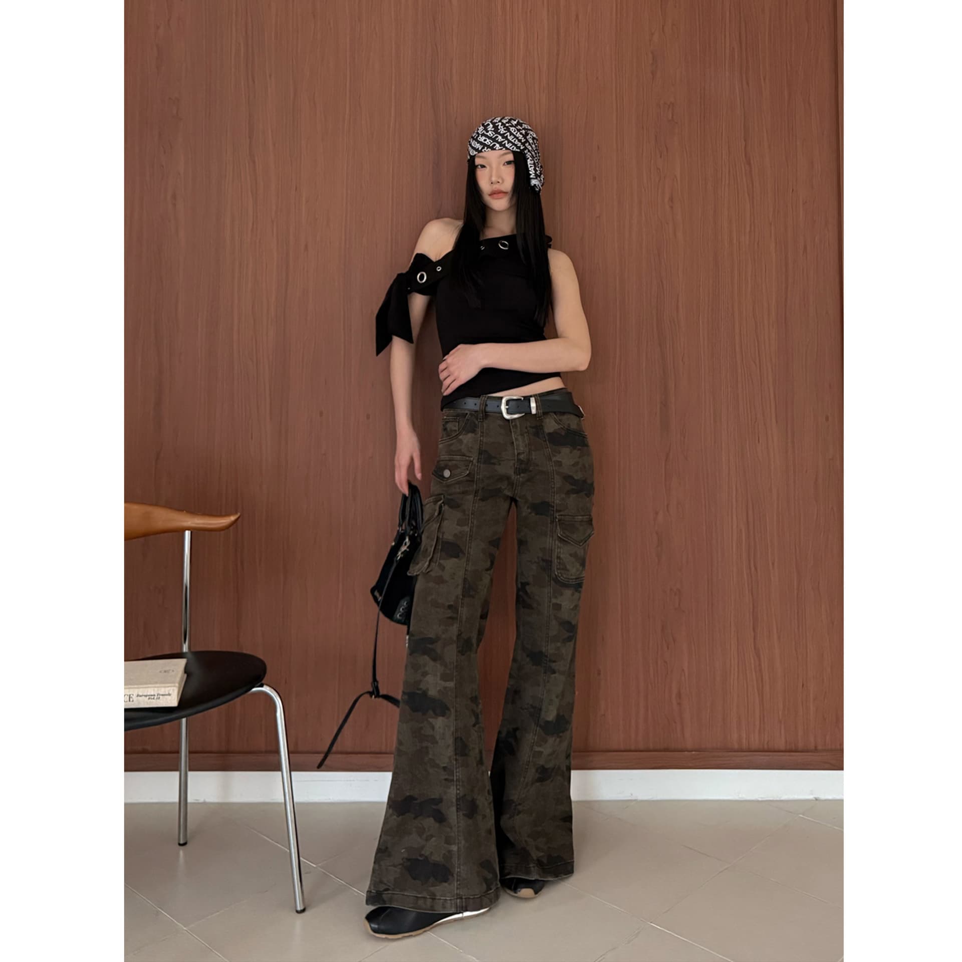 カーゴパンツ レディース ベルボトム ハイウエスト 美脚 ロング丈 スリム ストリート系 Y2K ファッション ヴィンテージ ワークパンツ カジュアル ボトムス ストレッチ ジーパン風 ダンス 衣装
