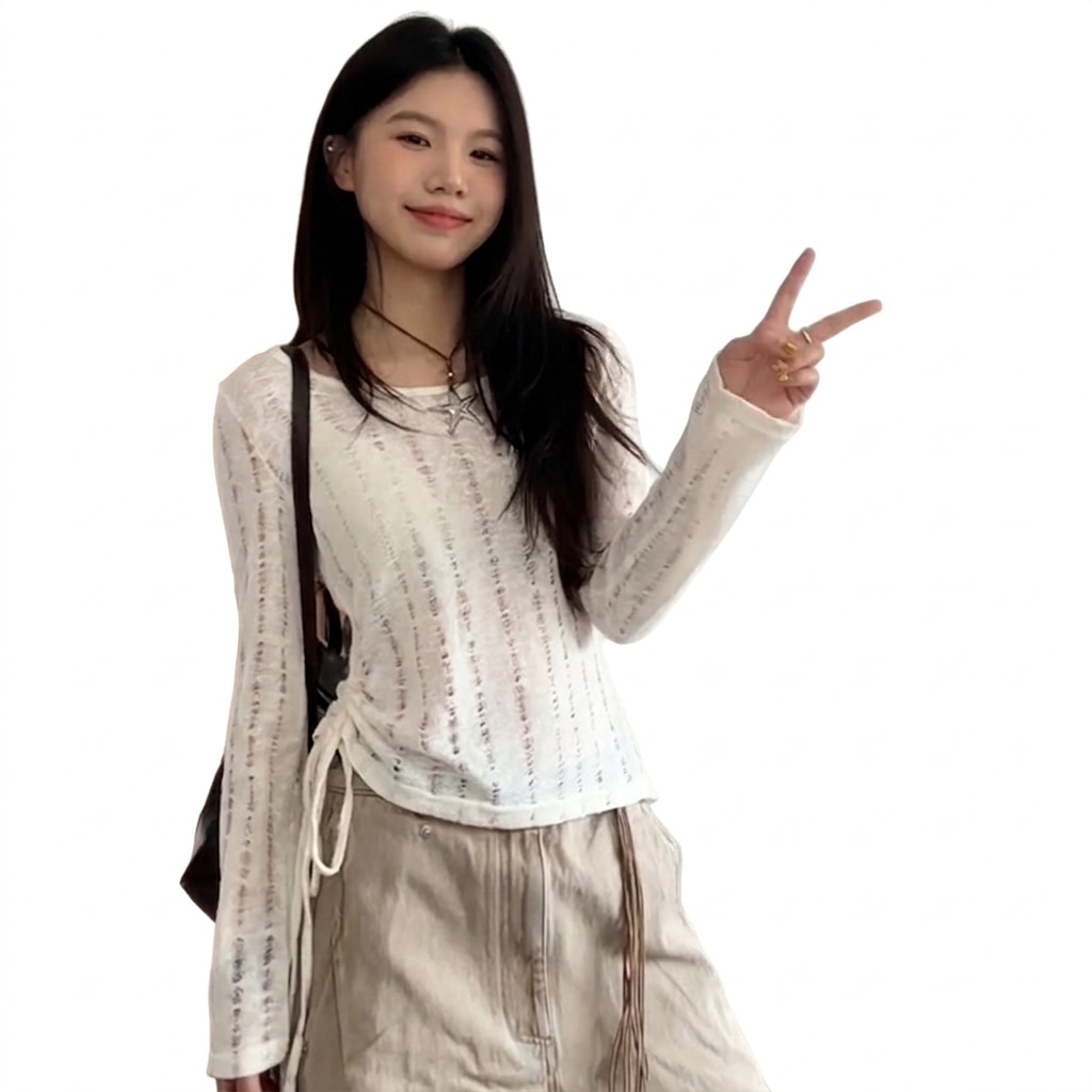 カットソー レディース 長袖 シアー ニット 透け感 メッシュ トップス 薄手 春 夏 カジュアル 裾リボン ドローストリング ギャザー 重ね着 インナー ストリート 無地 きれいめ 鎖骨見え 柔らか