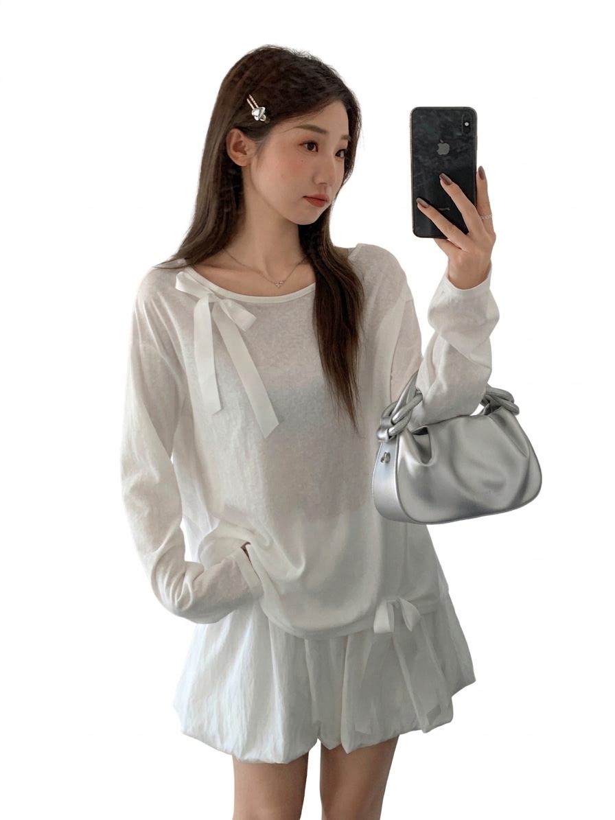レディース 長袖 Tシャツ シアー トップス リボン ゆるめ セットアップ ファッション 春 夏 秋 部屋着 可愛い カジュアル クルーネック オーバーサイズ ゆったり チュール 透け感 爽やか 重ね