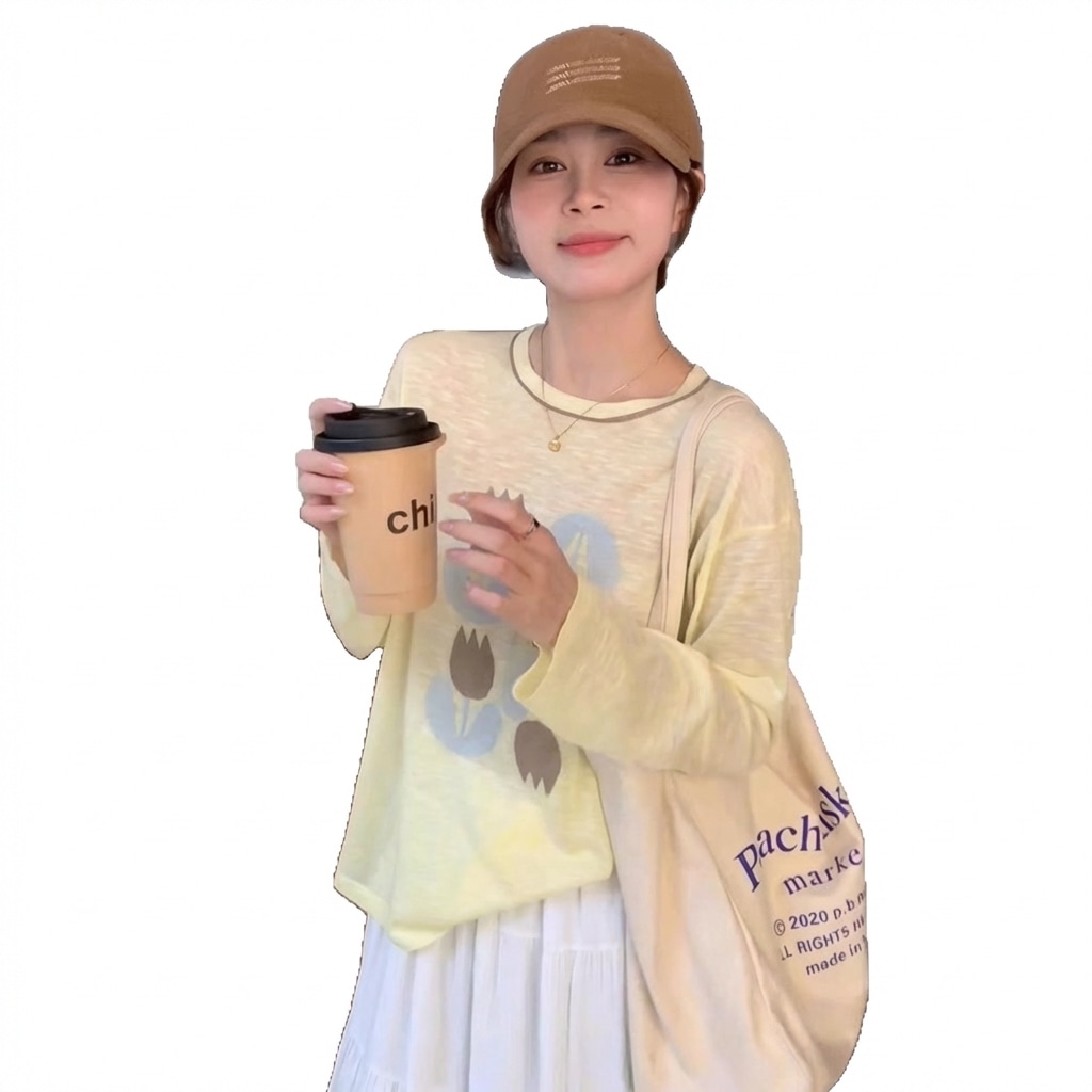 長袖 Ｔシャツ レディース カットソー スラブニット トップス 花柄 チューリップ シアー 透け感 柔らかい ゆったり クルーネック カジュアル 薄手 日焼け対策 冷房対策 春 夏 秋 軽い 通気性