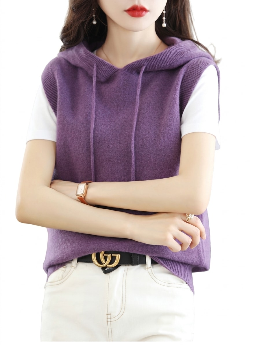 ニットベスト レディース フード付き チョッキ ノースリーブ セーター 秋服 春服 重ね着 トップス ゆったり 無地 きれいめ Vネック カジュアル もちもち ニット プルオーバー 防寒 暖かい シン