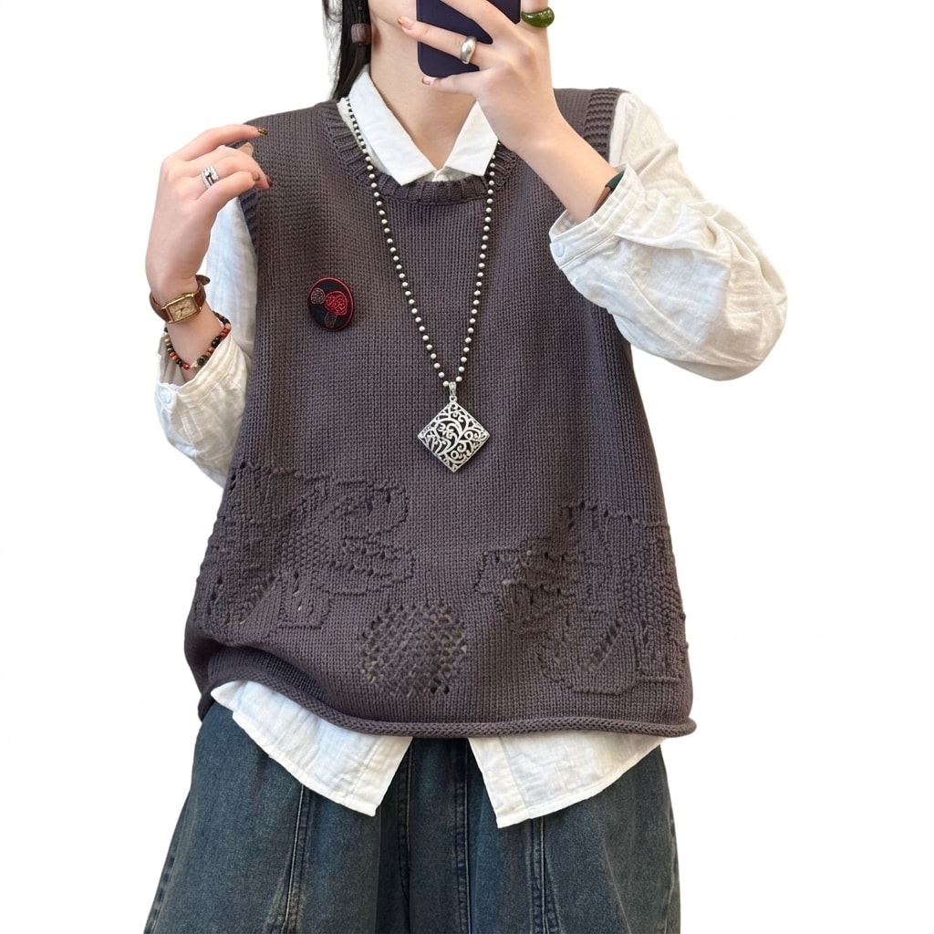 ニットベスト レディース セーターベスト 透かし編み クルーネック 丸首 チョッキ ノースリーブ カジュアル トップス レトロ 森ガール 春 秋 重ね着 ゆったり 体型カバー ナチュラル 柔らかい レ