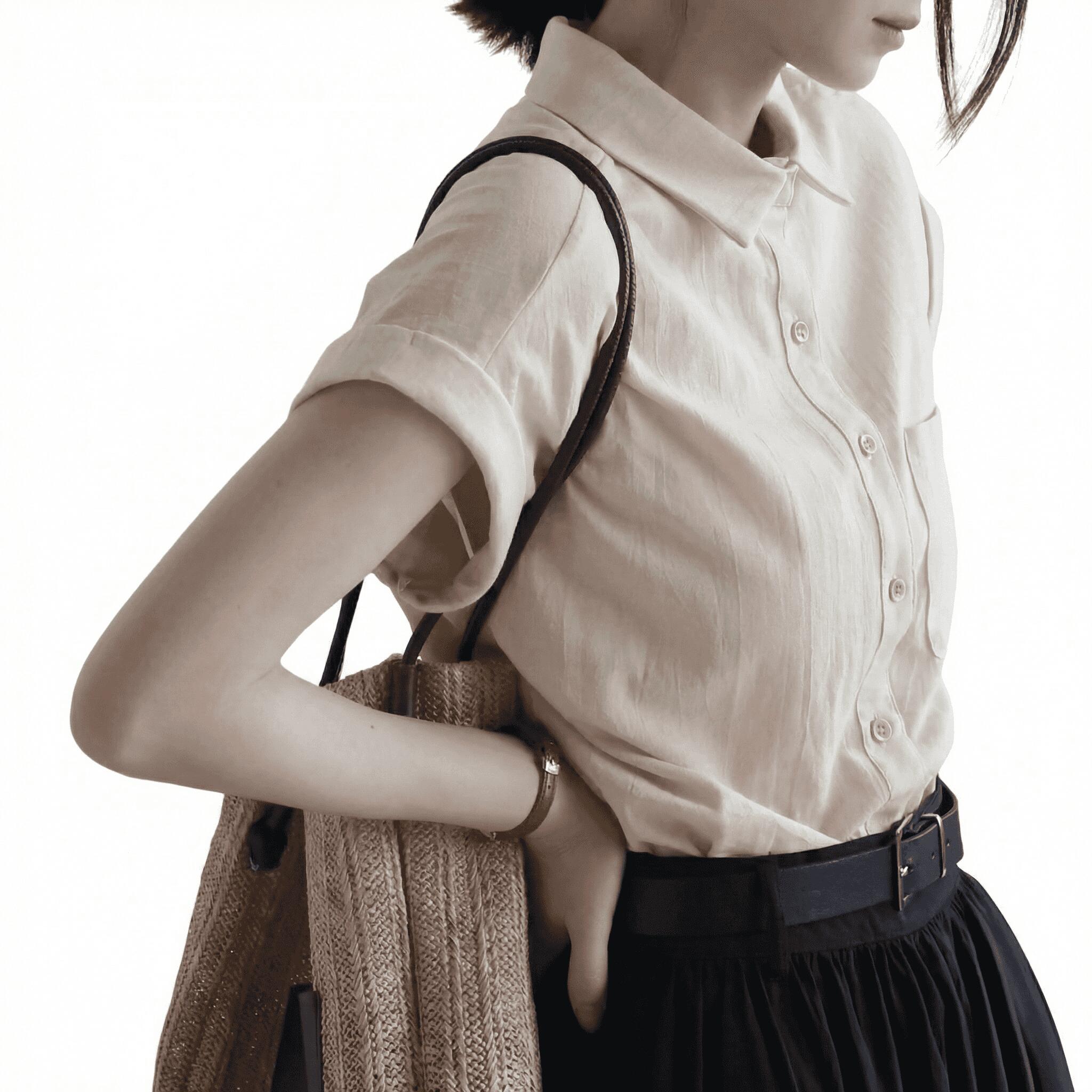 ブラウス レディース 半袖 襟付き きれいめ オフィスカジュアル 事務服 リネン風 涼しい 通気性 前開き ボタン トップス 胸ポケット ロールアップ 無地 ゆったり 体型カバー 夏 通勤 普段着 お