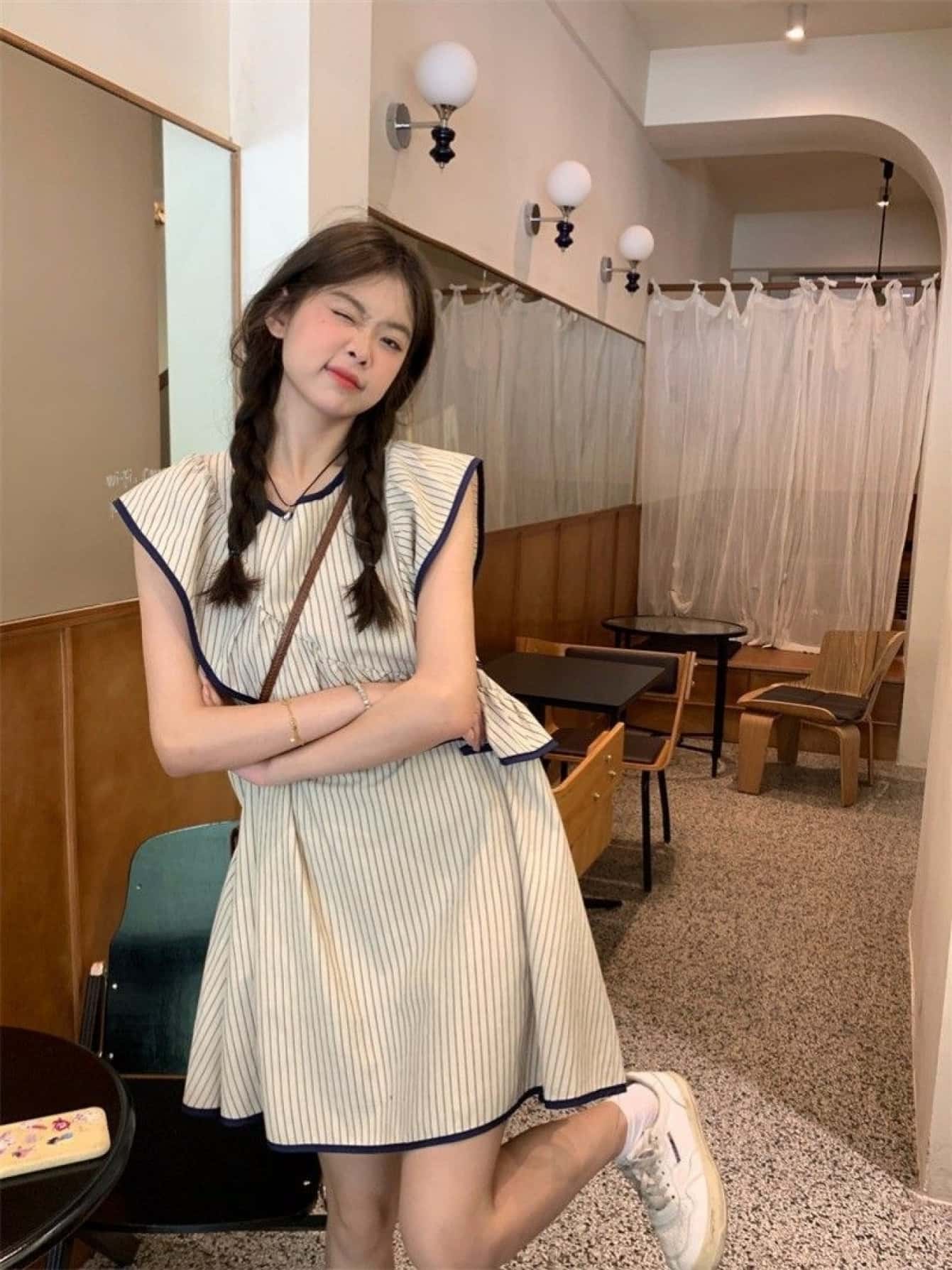 【大人可愛い】ストライプ ワンピース レディース 夏 フレンチスリーブ ノースリーブ Aライン チュニック ミニ丈 膝丈 フリル パイピング 配色 涼しい 体型カバー 二の腕カバー 着痩せ 細見え ゆったり カジュアル ガーリー レトロ 清楚 お出かけ 旅行 リゾート デート