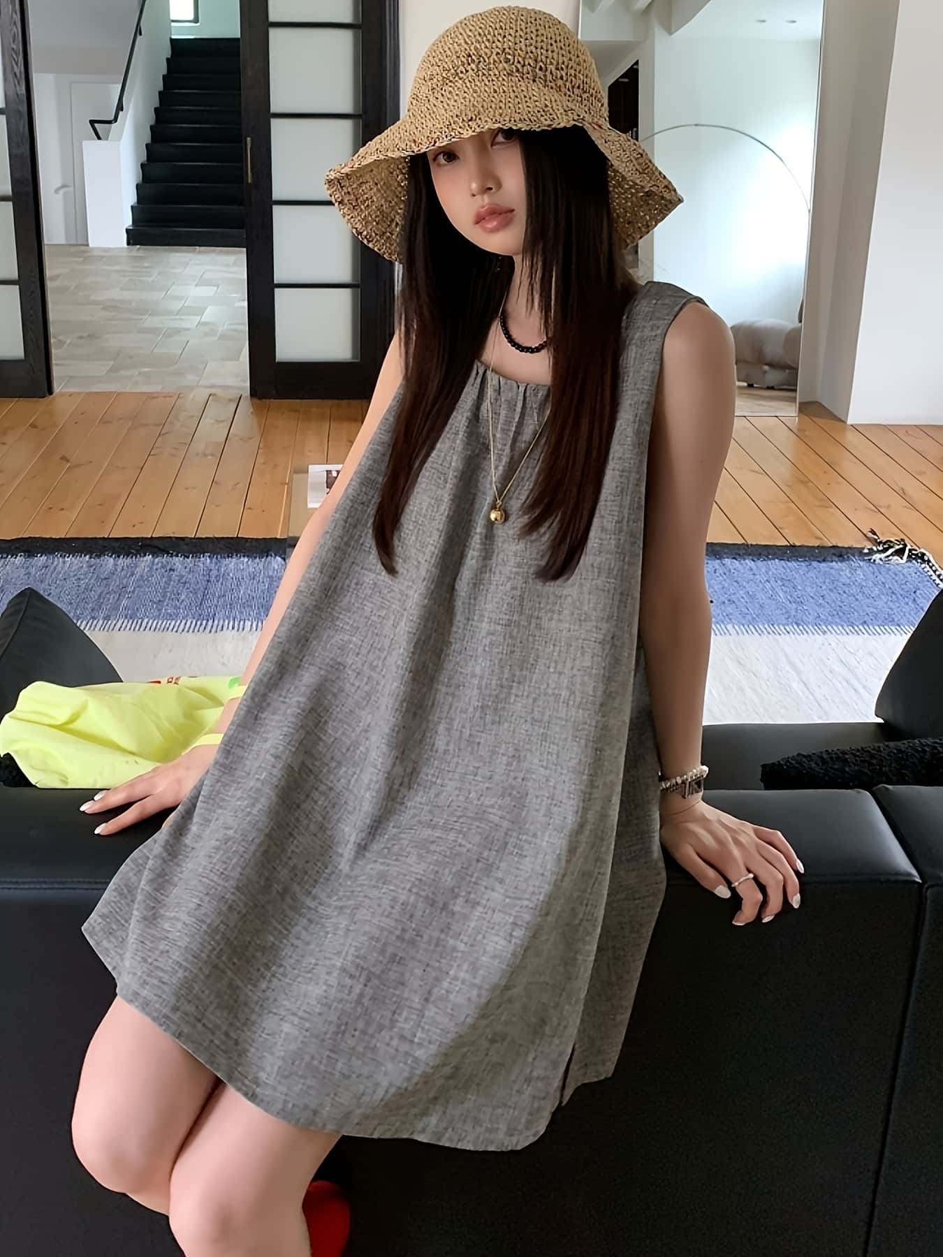【サイドボタン】 ワンピース レディース チュニック ノースリーブ 膝上 Aライン 重ね着 レイヤード 体型カバー 着痩せ ジャンパースカート サロペットスカート リネンタッチ 麻風 涼しい 軽い 楽ちん ゆったり 大きいサイズ 丸首 部屋着 無地 シンプル カジュアル