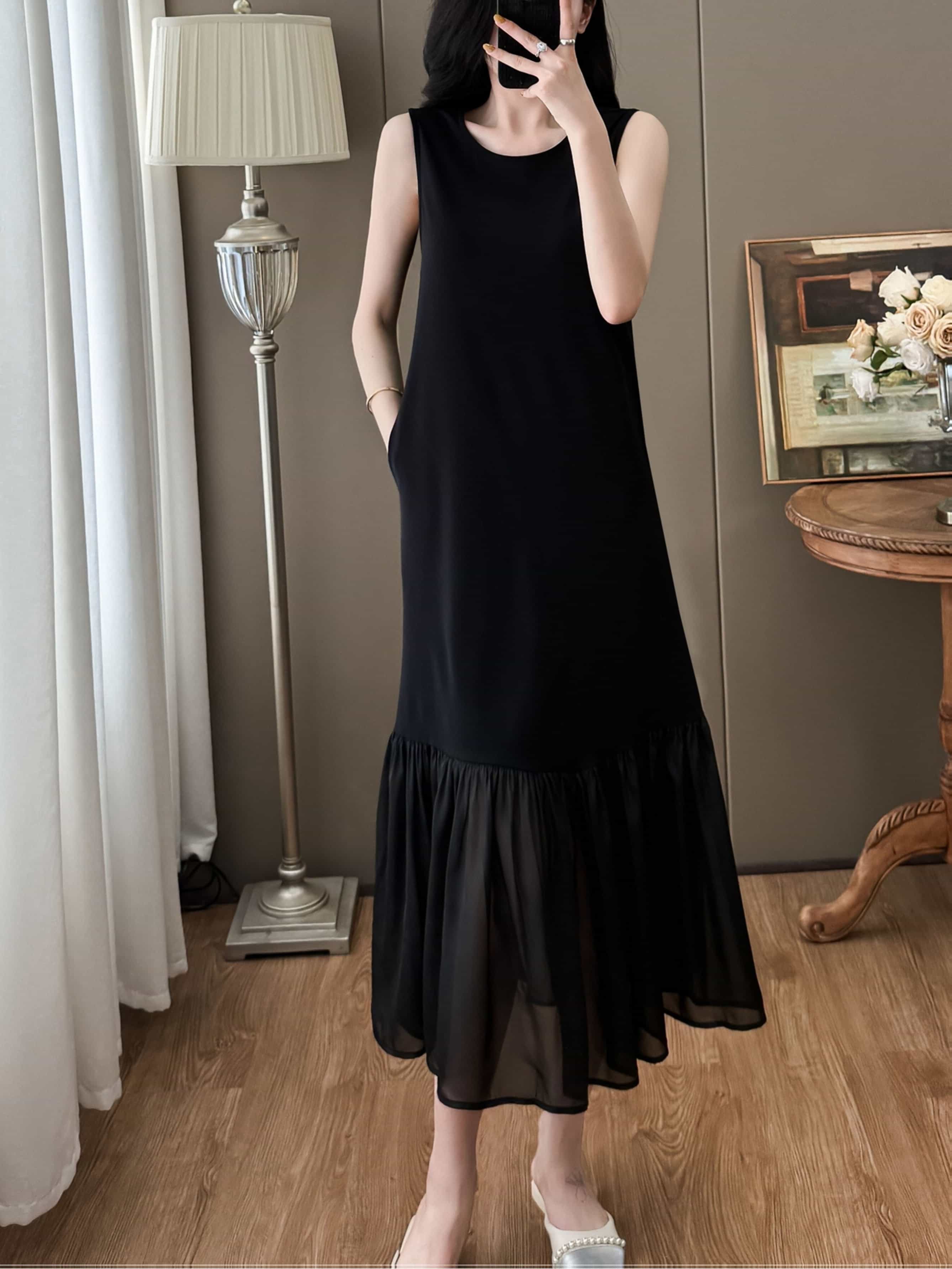 ワンピース レディース ノースリーブ ロングワンピース マキシ丈 マーメイド 切替 ドッキング 異素材 裾フリル シフォン 透け感 クルーネック 丸首 体型カバー 着痩せ 細見え ゆったり Aライン オフィス 通勤 OL お呼ばれ 旅行 リゾート 春 夏 秋 20代 30代 40代 50代