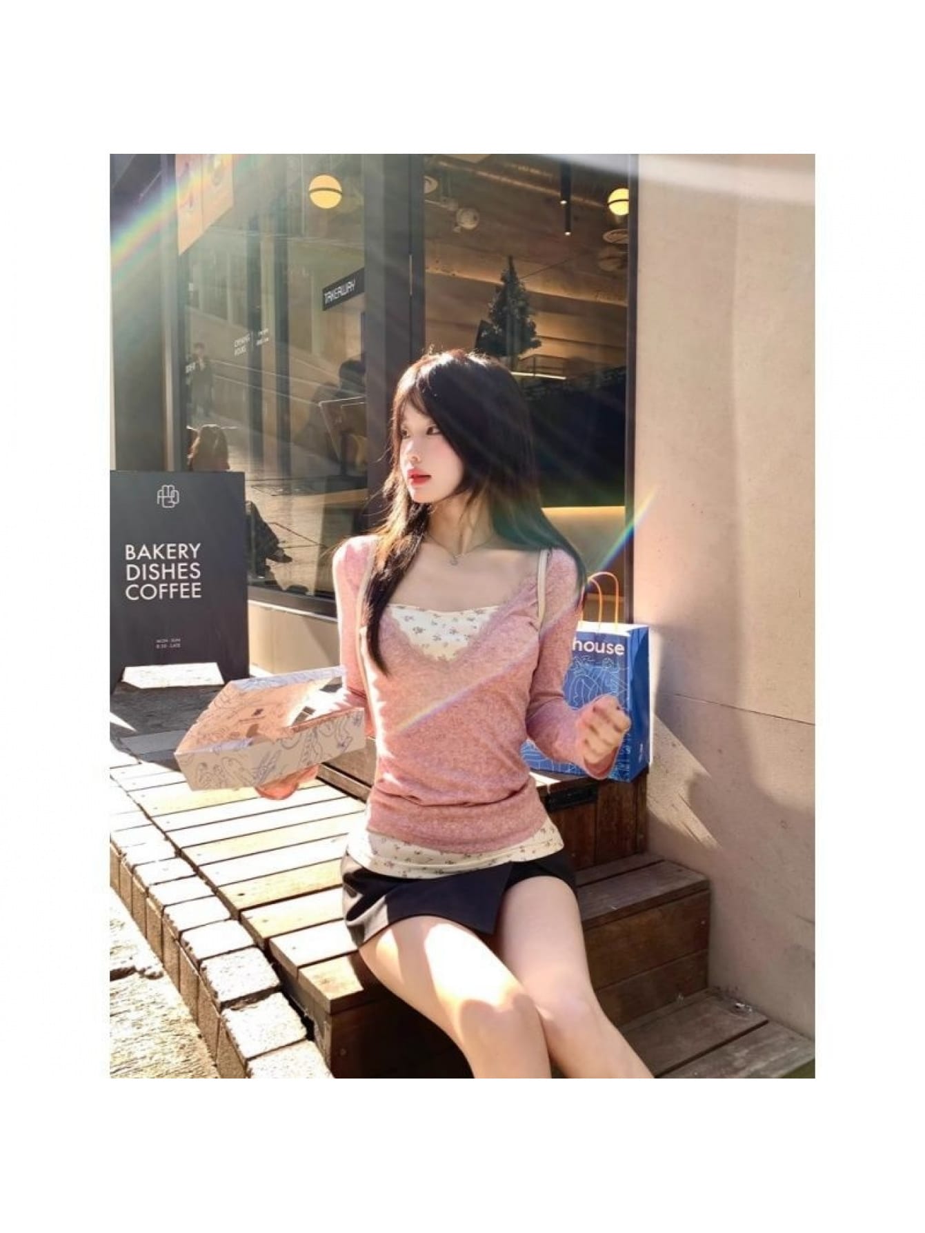 【重ね着風】 レース トップス レディース カットソー 花柄 Vネック 長袖 Tシャツ ロンT フェイクレイヤード 春 秋 冬 タイト スリム 着痩せ 細見え 大人可愛い きれいめ フェミニン 韓国ファッション カジュアル 重ね着 10代 20代 30代 デート 通学 小花柄 ガーリー