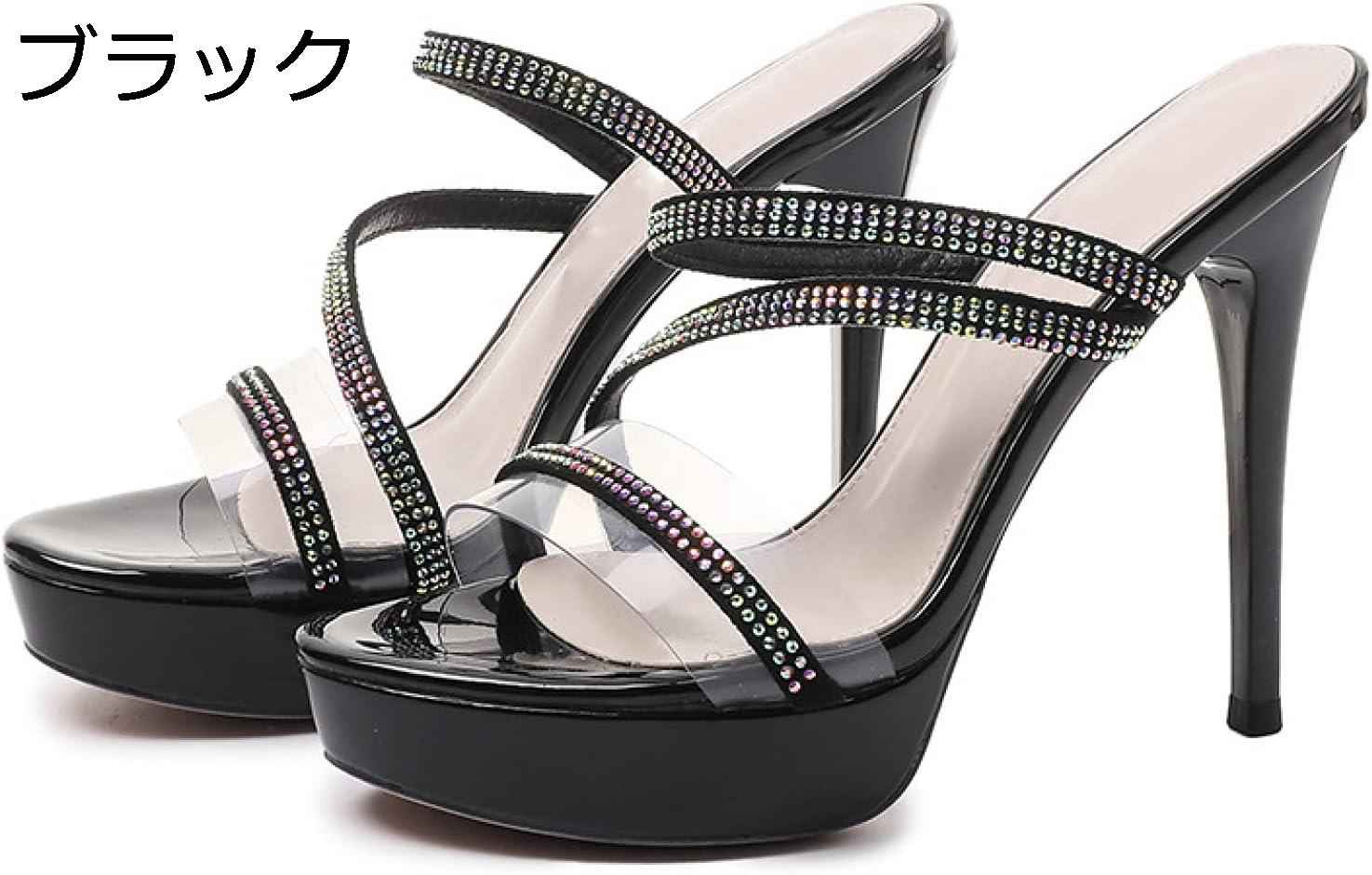 サンダル クリア ミュール プラットフォーム パンプス 美脚12cm 透明ベルト キャバ イベント 仮装 女装 男装 パーティー 小さいサイズ ハイヒール ミュールサンダル ラインストーン ピンヒール レディース ドレス キャバ｜Nartooston