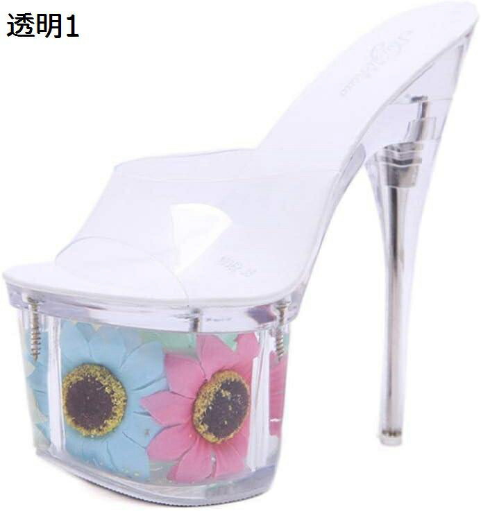 ミュール サンダル クリア 花 太ヒール ピンヒール 17cm 透明 おしゃれ アンクルストラップ サボサンダル パーティ キャバ嬢 大きいサイズ ファッション ストーム付き エレガンス セクシー 美脚 厚底 歩きやすい｜Nartooston