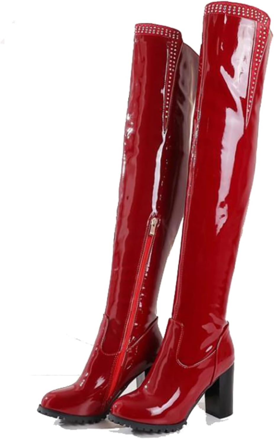 ニーハイブーツ 21.5-30cm エナメル ロングブーツ ハイヒール9cm レディース リベット 秋靴 冬靴 大きいサイズ セクシー 長ブーツ 脱げない 撥水 快適 痛くない 歩きやすい 履きやすい｜Nartooston