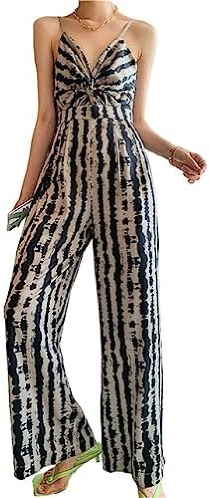 ヒョウ柄サロペット レディース オールインワン キャミソールパンツ オーバーオール ロングパンツ ワイドパンツ ガウチョパンツ 長ズボン ボトムズ 夏服 袖なし ｖネック サテン 夏 カジュアル 可愛｜Nartooston