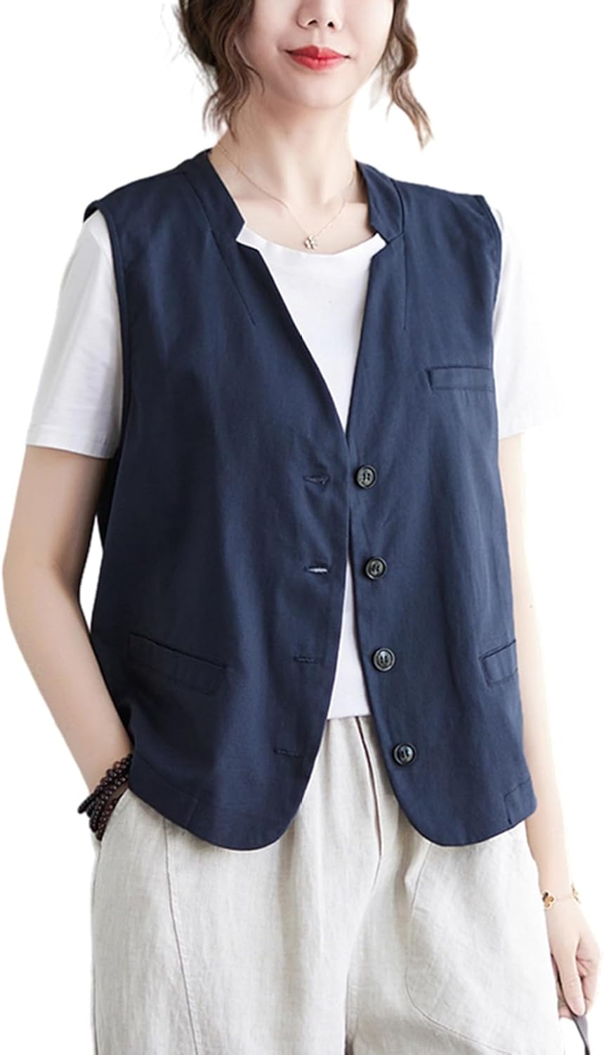 チョッキ 綿麻シャツ ノースリーブ レディースベスト 無袖ジャケット リンネル Vネック 袖無し 春夏服 前開き 薄め ボタン 重ね着 カジュアル ゆったり 涼しい 爽やか 上着 おしゃれ|Nartooston