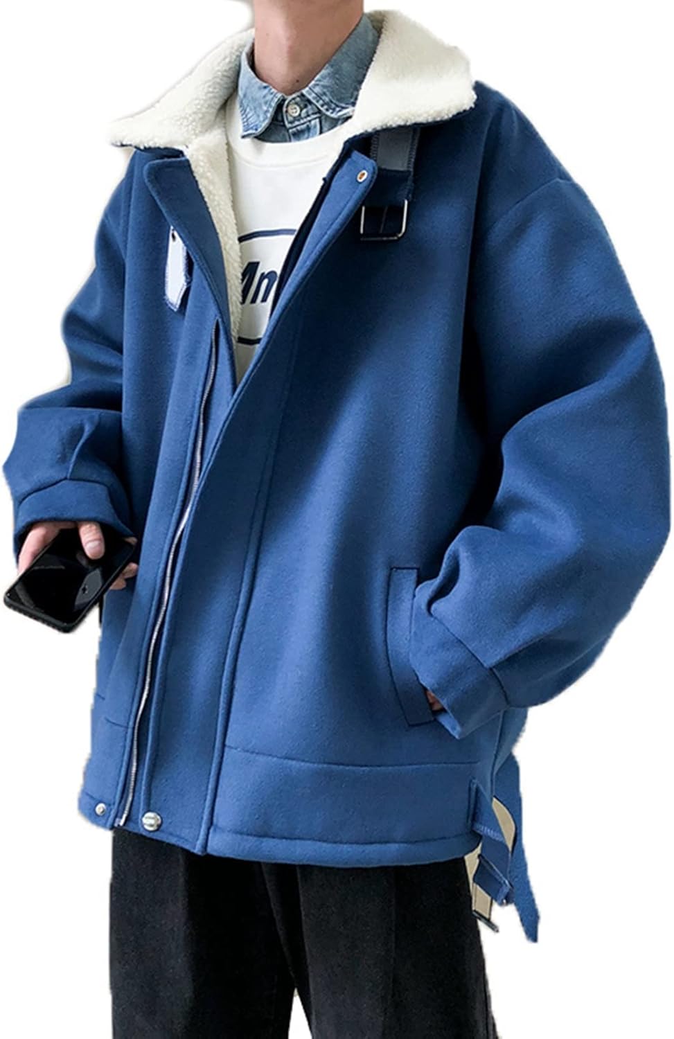 ボアブルゾン 綿服 ボアジャケット メンズ レディース ボアフリース 防寒着 秋冬服 保温 あったか 切り替え アウター もこもこ ゆったり ジャンパー スタジャン ブルゾン 冬 起毛 無地 ブルー|Nartooston
