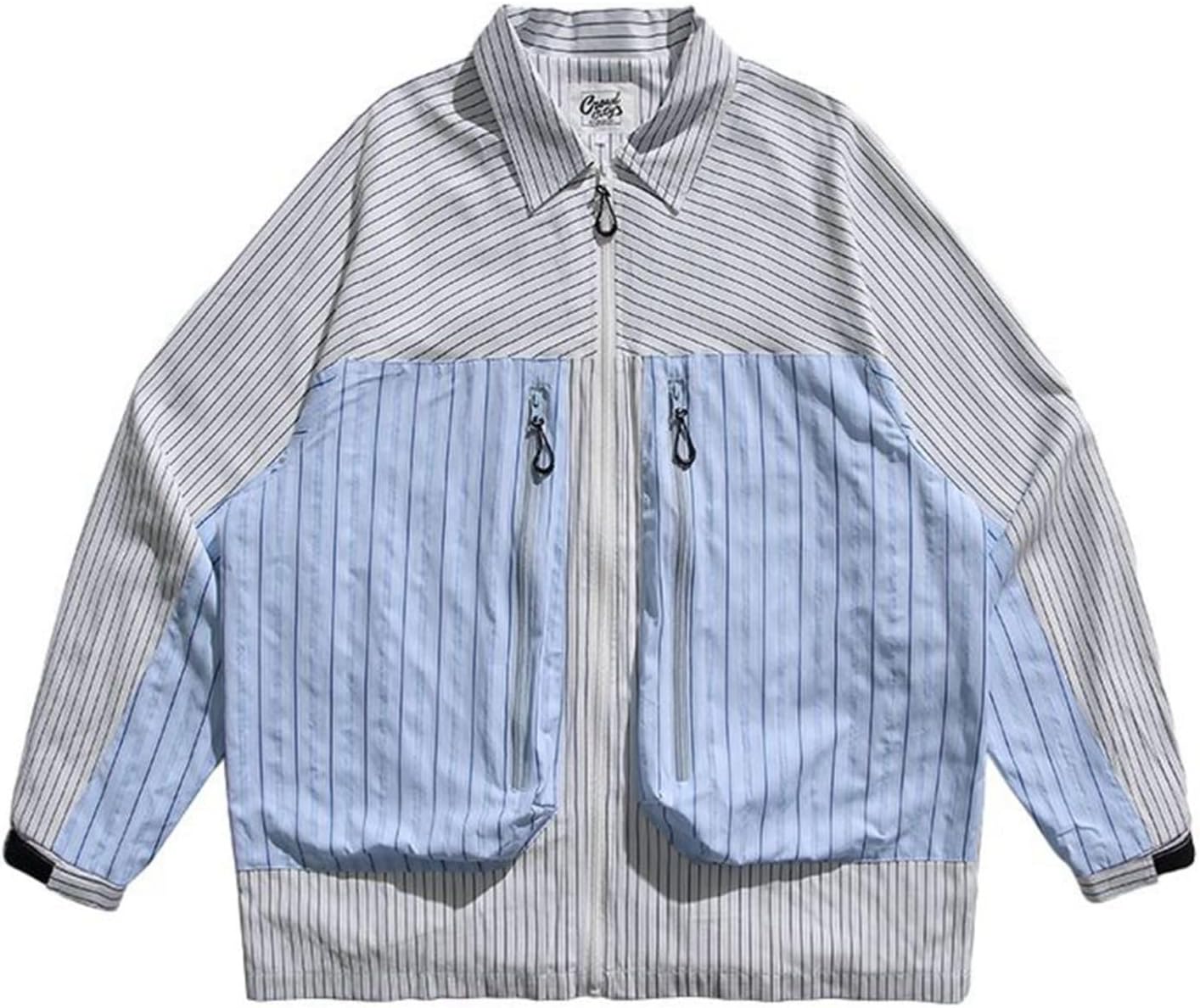 シャツ メンズ ジャケット ストライプ スプライス パッチワーク 切り替え ポケット付き シャツジャケット 長袖 折り襟 アウトドア コート 上着 会社 春夏秋冬 男性用 流行り ファッション｜Nartooston