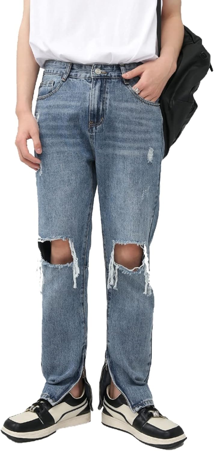 メンズ ダメージジーンズ ストレート デニムパンツ 裾ジッパー 細身 ストレッチ カジュアル ハイストリート ロングパンツ 春 夏 秋 男性用 ジーパン フィット ヴィンテージ ウォッシュ加工 裾スリ|Nartooston