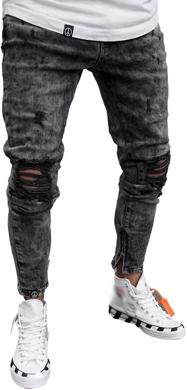 デニムパンツ ジーンズパンツ メンズ 細め ストレッチ スキニー ダメージ加工 ズボン ロングパンツ 大人 ストリート hiphop系 クラッシュ 動きやすい 定番 リラックス オールシーズン バイク｜Nartooston