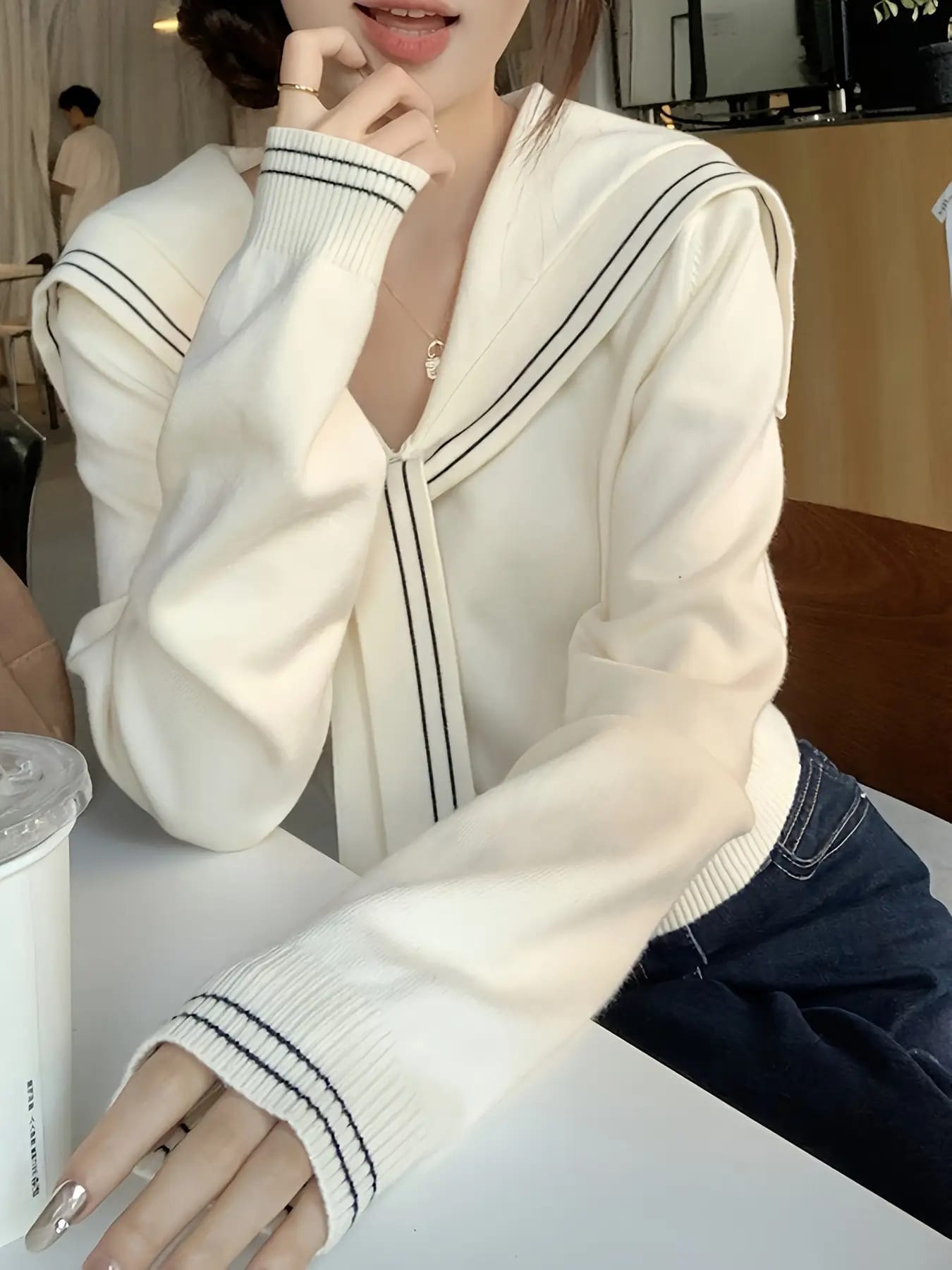 【小顔見え】セーラーカラー ニット レディース トップス 長袖 Ｖネック ライン入り 韓国ファッション 大人可愛い セーター プルオーバー カットソー タイト スリム 着痩せ 細見え 襟付き 学院風 スクール マリンルック きれいめ ガーリー フェミニン 春 秋 冬｜Nartooston