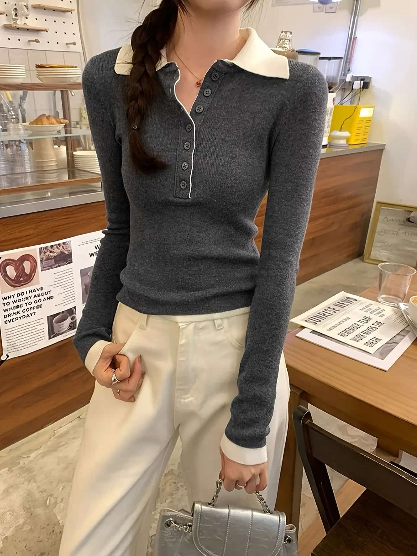 【配色デザイン】ポロニット レディース 襟付き ニット トップス 長袖 バイカラー ヘンリーネック リブニット タイト スリム 細見え 着痩せ 体型カバー ストレッチ 伸縮性 柔らかい 韓国 きれいめ 大人可愛い レトロ カジュアル オフィス 通勤 お出かけ 重ね着 春 秋｜Nartooston