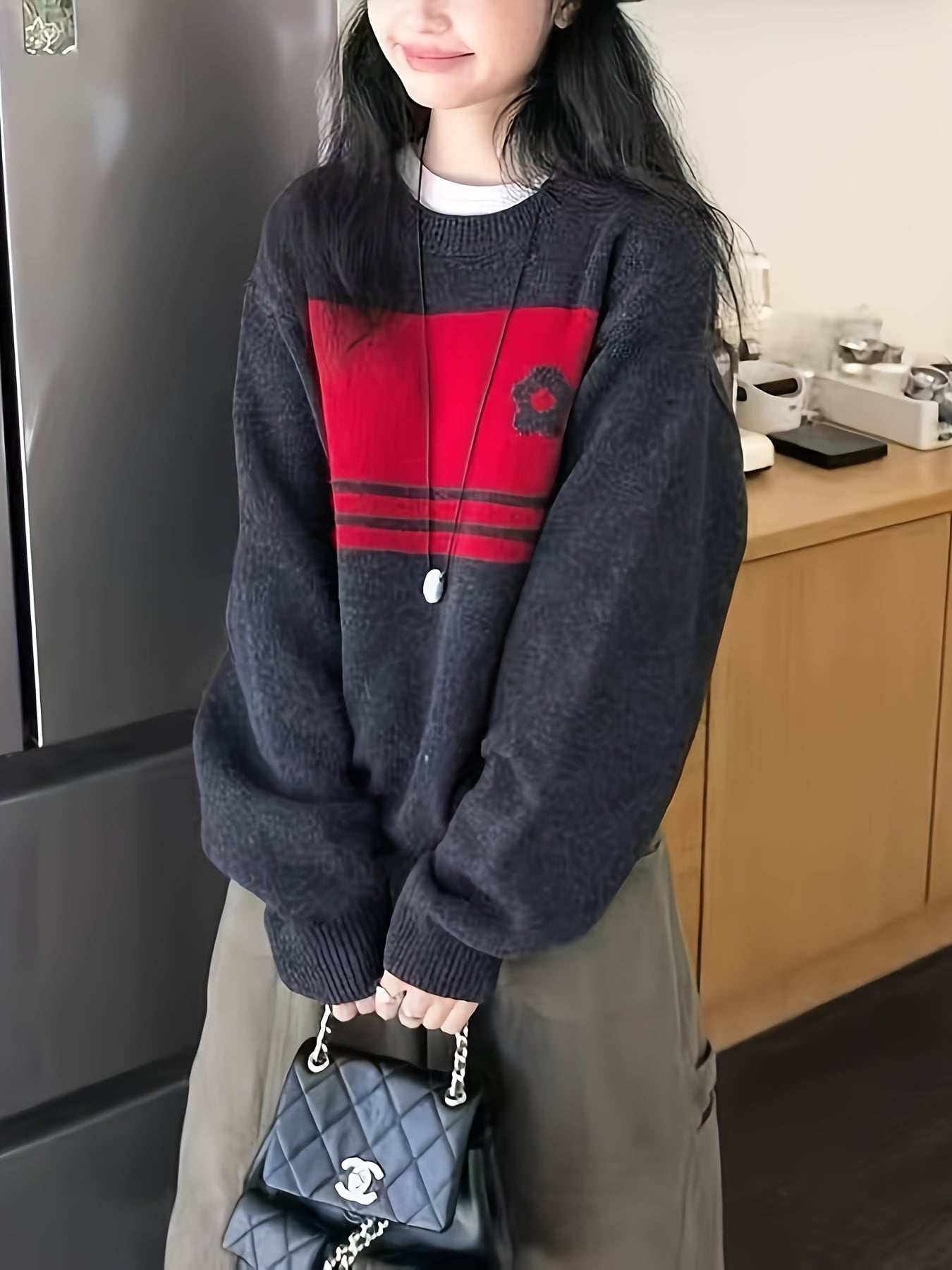 【配色デザイン】ニット セーター レディース トップス プルオーバー ジャガード 配色 切替 クルーネック 丸首 長袖 ゆるニット オーバーサイズ ビッグシルエット ゆったり 体型カバー 着痩せ 華奢見え 二の腕カバー 大人可愛い きれいめ カジュアル 暖かい 秋冬｜Nartooston