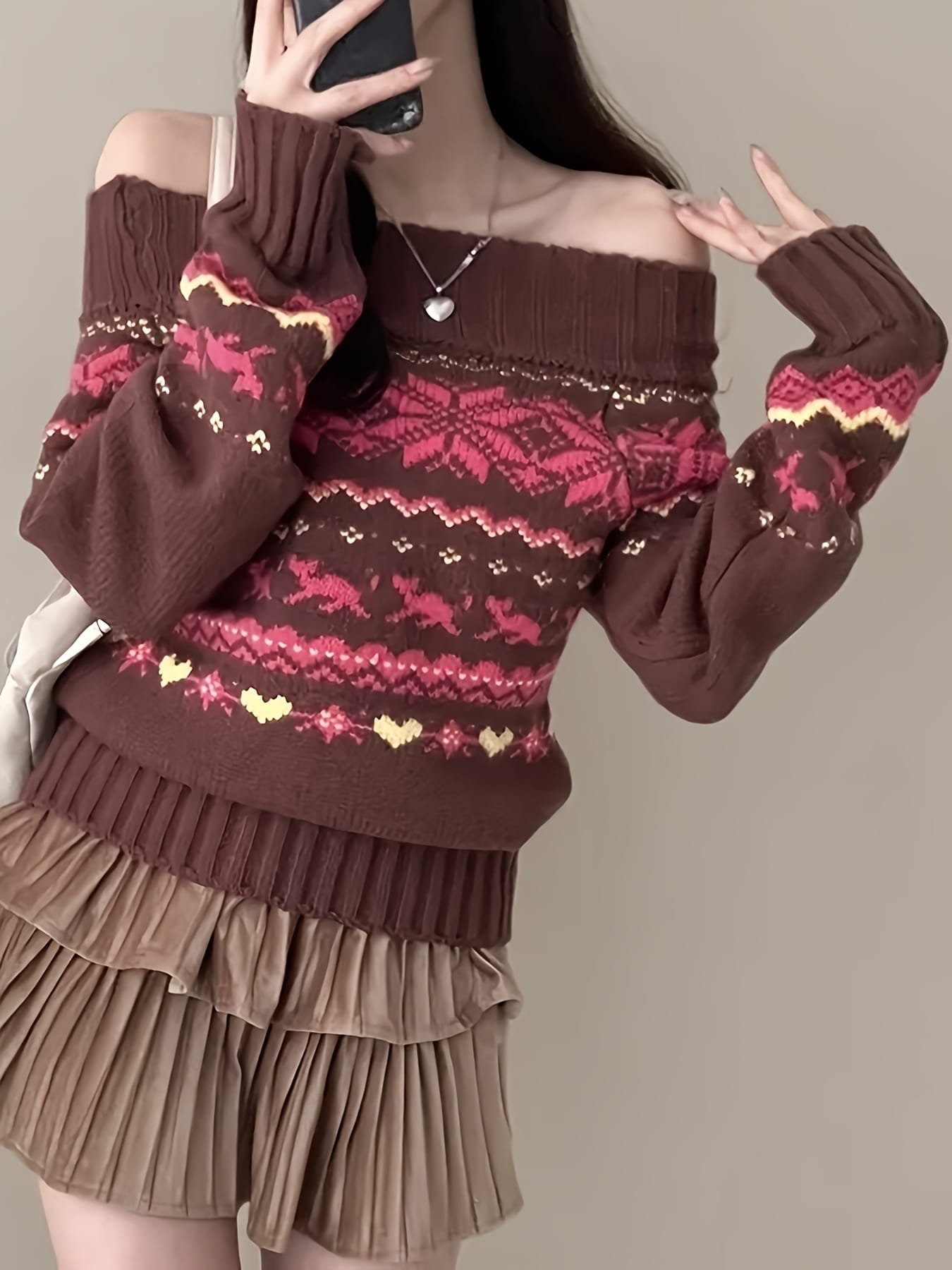 【2way肩出し】フェアアイル ニット セーター レディース オフショルダー ノルディック柄 トップス 長袖 冬 秋 クリスマス ジャガード ざっくり ゆるニット 厚手 プルオーバー 2024 新作 ビッグシルエット ゆったり 体型カバー 着痩せ 細見え 大人可愛い きれいめ｜Nartooston 13,164円
