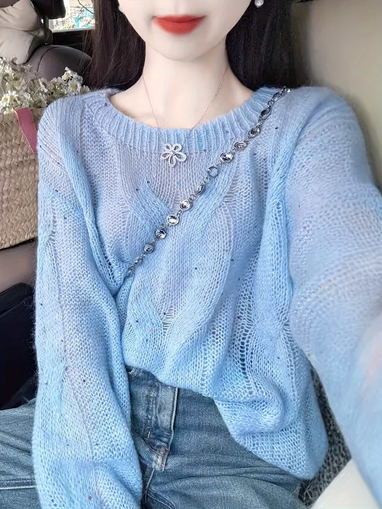 【透け感&times;大人可愛い】ニット セーター レディース 透かし編み メッシュニット シアーニット トップス プルオーバー 長袖 クルーネック 丸首 ゆったり 体型カバー 着痩せ 二の腕カバー ゆるニット モヘアタッチ 春 秋 冬 ブルー 水色 オフィス 通勤 デート お出かけ｜Nartooston