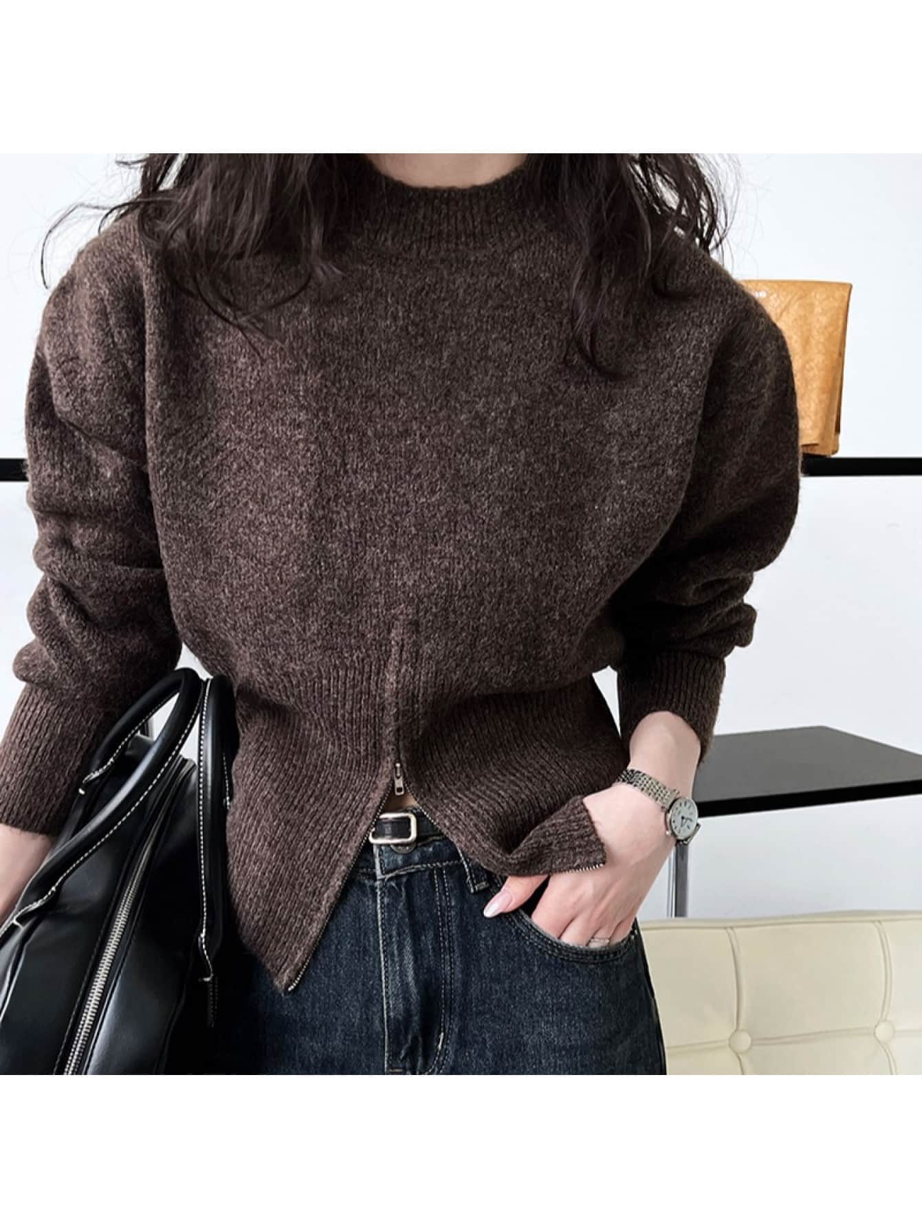 【ダブルジップ】 ニット セーター レディース トップス 長袖 ショート丈 クロップド丈 フロントジップ モックネック ハイネック プルオーバー 韓国ファッション ゆるニット 裾ジップ 体型カバー 着痩せ 脚長効果 細見え 通勤 オフィス カジュアル きれいめ 春 秋 冬｜Nartooston