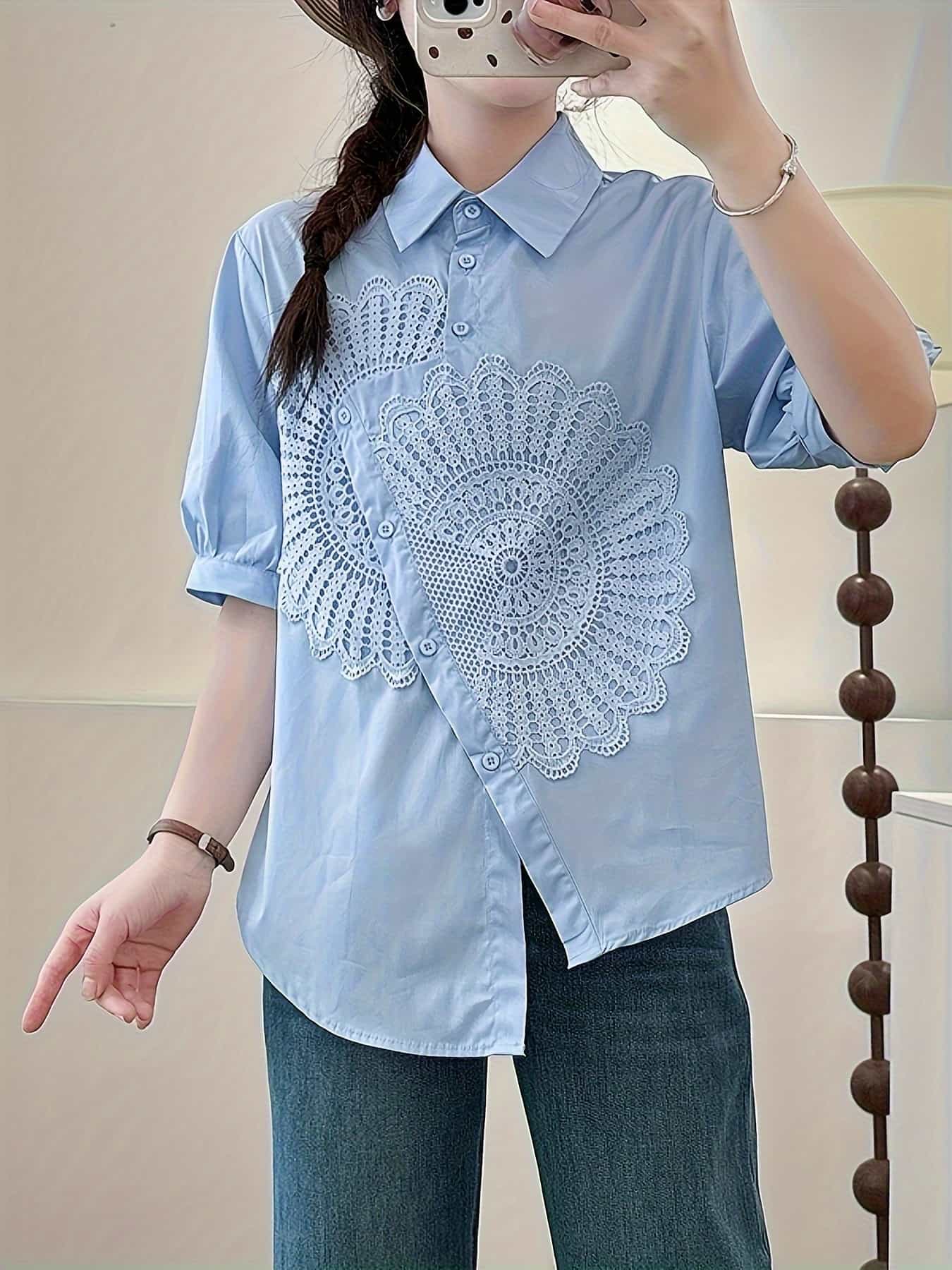 【大人可愛い刺繍】ブラウス レディース 半袖 シャツ コットン 綿100％ トップス レース 刺繍 襟付き 前開き アシンメトリー ボタン チュニック 体型カバー 二の腕カバー ゆったり 涼しい 蒸れない きれいめ カジュアル オフィス 通勤 20代 30代 40代 春 夏｜Nartooston