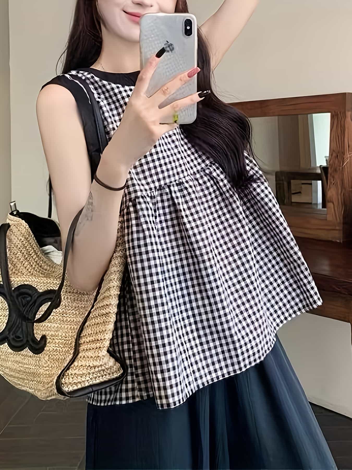 ブラウス ノースリーブ レディース 夏 ギンガムチェック チュニック トップス バックリボン シャツ 袖なし Aライン 体型カバー ゆったり 涼しい クルーネック 配色 チェック柄 大人可愛い カジュアル きれいめ 通勤 オフィス ママ 20代 30代 40代 洗える 速乾 春夏 黒｜Nartooston