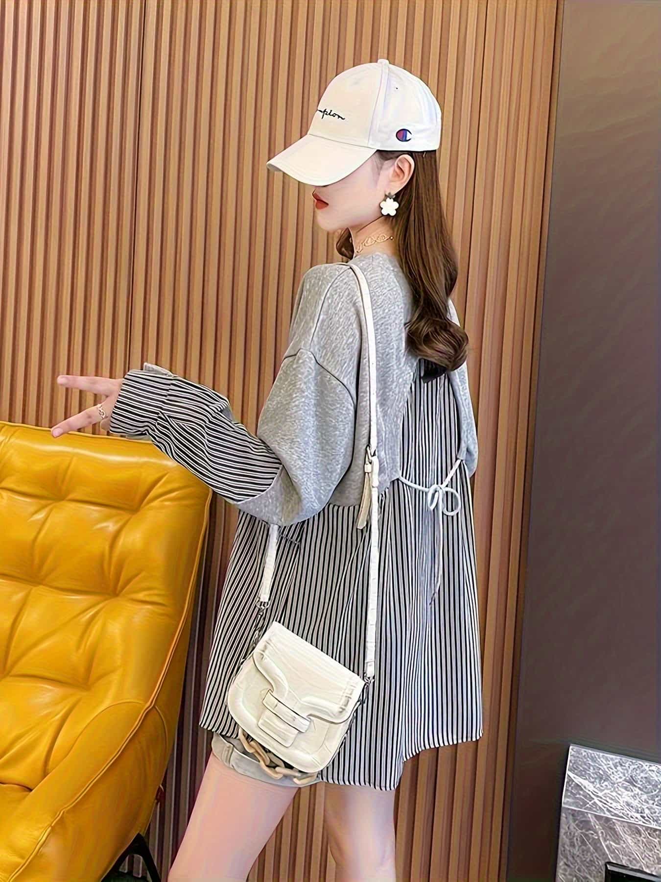 【重ね着風】 トップス レディース フェイクレイヤード ストライプ 切り替え カットソー ブラウス 長袖 クルーネック ゆったり オーバーサイズ 体型カバー お尻が隠れる 着痩せ 細見え カジュアル きれいめ 大人可愛い 春 秋 冬 オフィス 通勤 ママ デイリー 洗える｜Nartooston