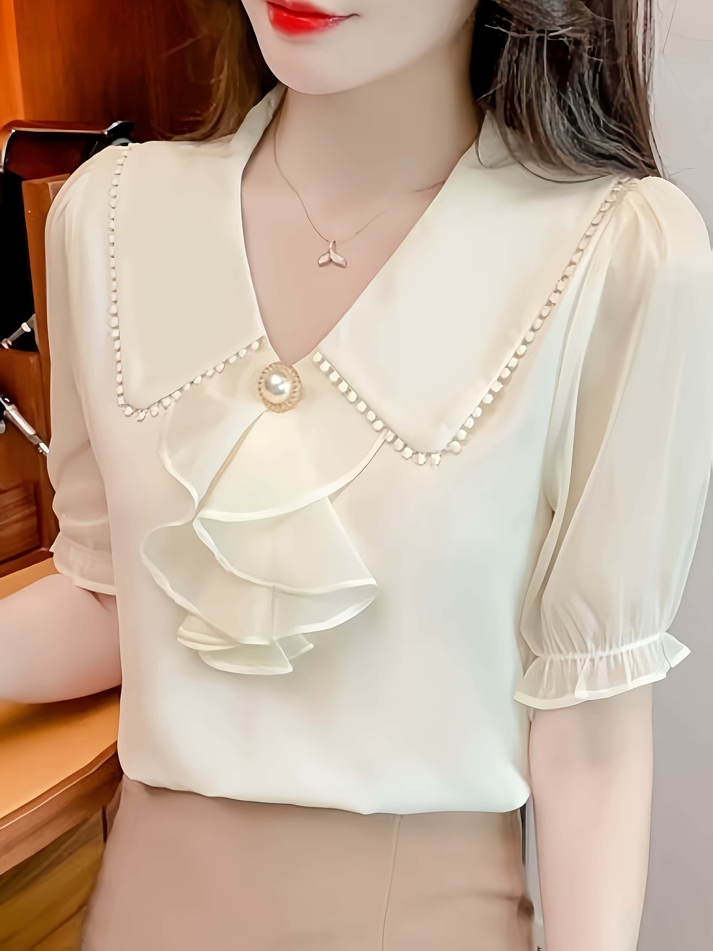 【大人可愛い】ブラウス レディース 半袖 シフォン シャツ Vネック フリル襟 パール トップス 春 夏 秋 オフィス 通勤 OL きれいめ フェミニン エレガント 体型カバー 二の腕カバー 着痩せ 細見え シワになりにくい フォーマル 結婚式 卒業式 入学式 30代 40代 50代｜Nartooston 7,135円