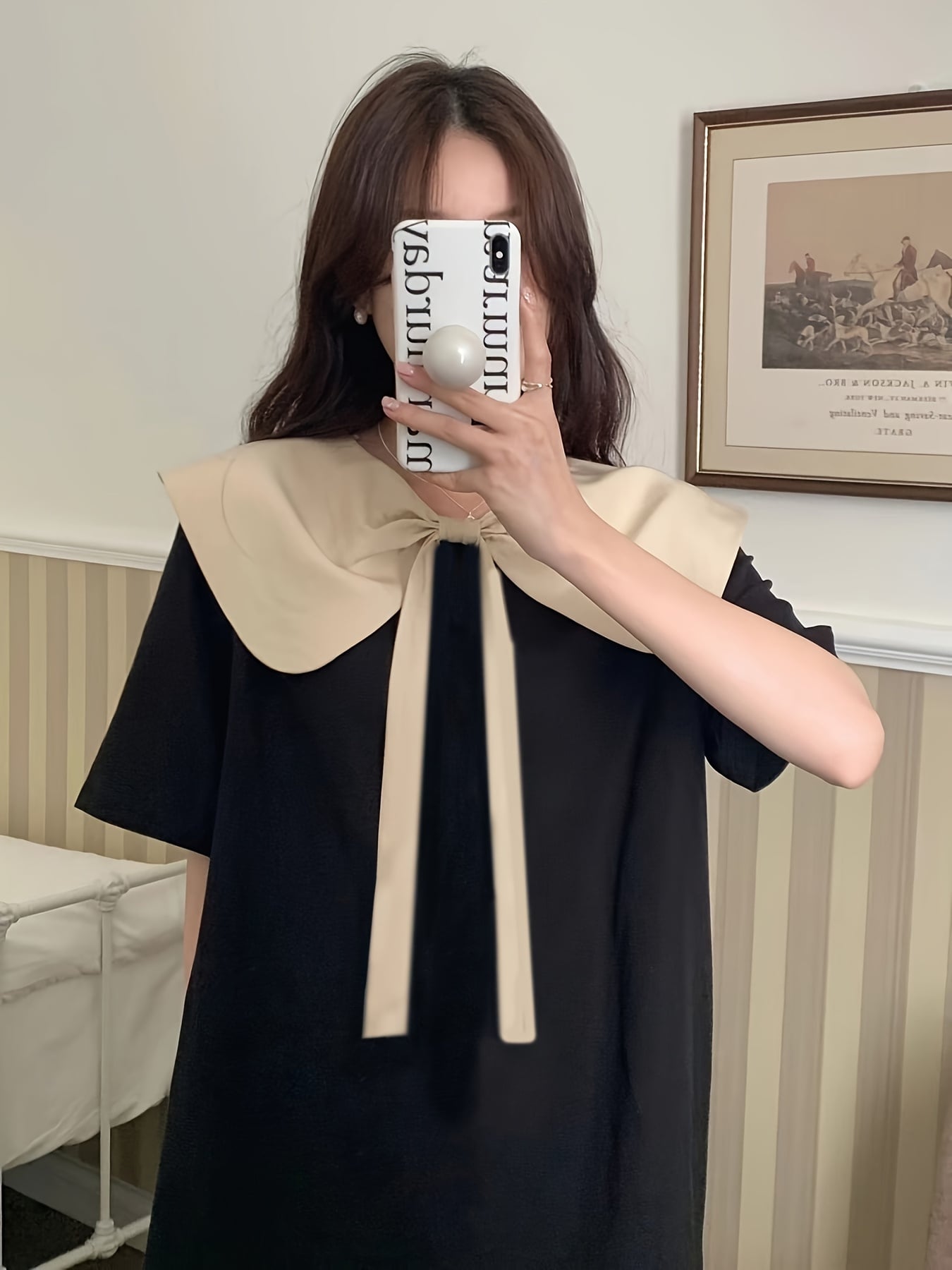 【前後2way】 ワンピース レディース ビッグカラー 襟付き バイカラー 配色 半袖 5分袖 リボン チュニック Aライン ゆったり 体型カバー 着痩せ 細見え 膝丈 ひざ丈 ミニ丈 大人可愛い きれいめ フェミニン ガーリー レトロ 春 夏 秋 大きいサイズ 20代 30代 40代 通勤|Nartooston