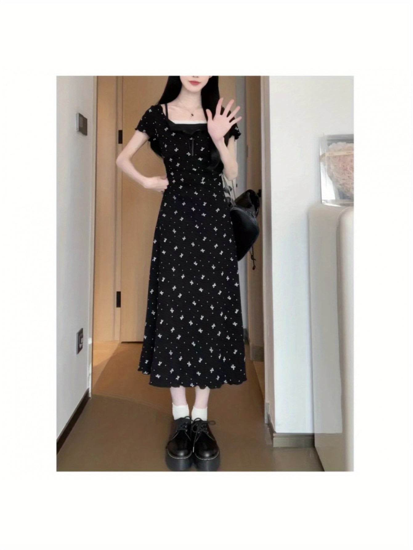 【重ね着風】ワンピース レディース ロングワンピース マキシ丈 半袖 スクエアネック 総柄 着痩せ 体型カバー ドッキング 痩せ見え 細見え ウエストマーク 楽ちん きれいめ 大人可愛い フェミニン レトロ モノトーン デート 女子会 旅行 春夏秋 20代30代 黒 ブラック|Nartooston