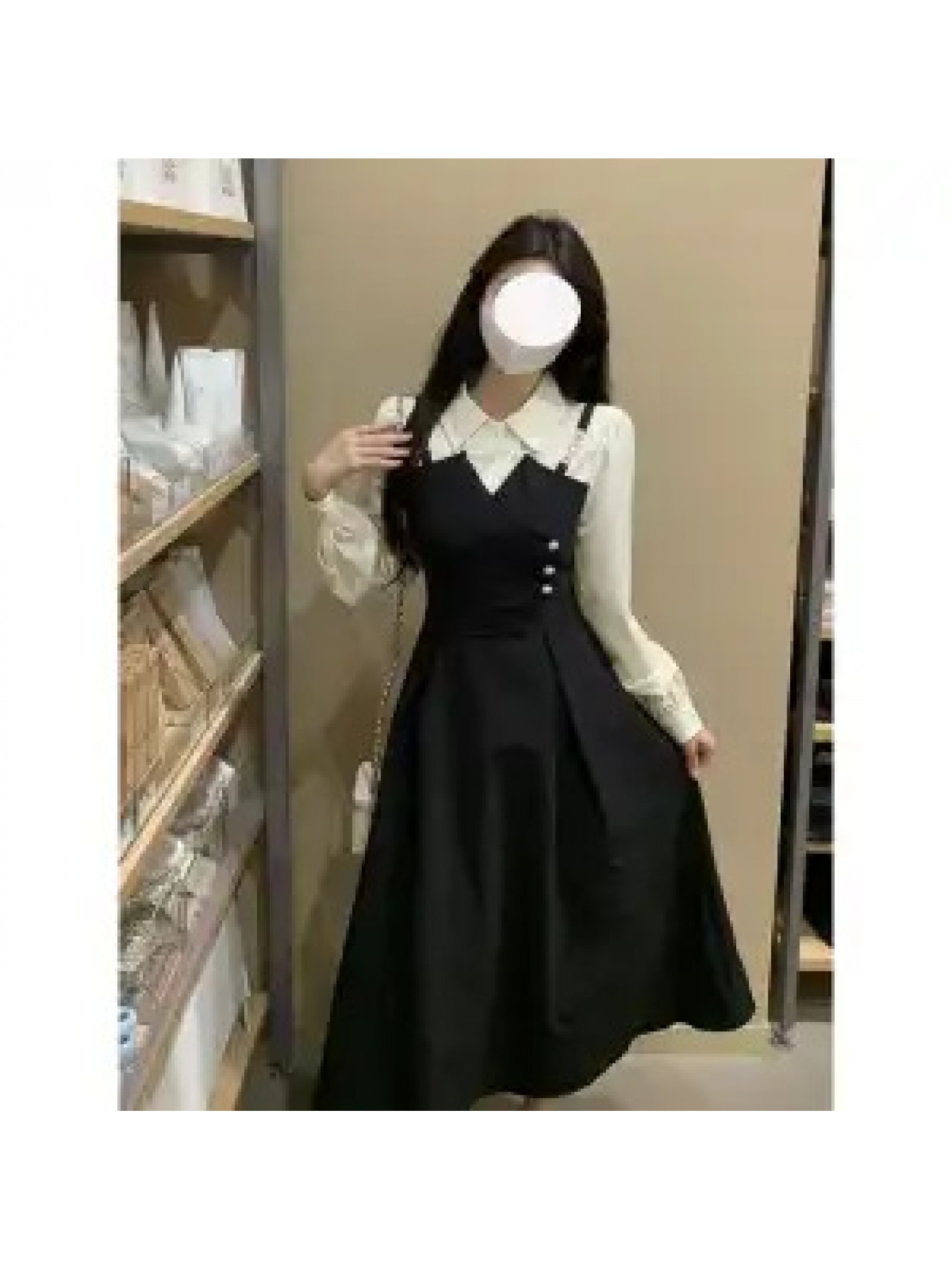 【1枚で旬顔】重ね着風 ワンピース レディース シャツワンピース 襟付き 長袖 ロングワンピース ミモレ丈 Aライン 裾広がり ジャンパースカート? ドッキング フェイクレイヤード 膝下 ウエストマーク 体型カバー 着痩せ 細見え 大人可愛い きれいめ オフィス 通勤｜Nartooston