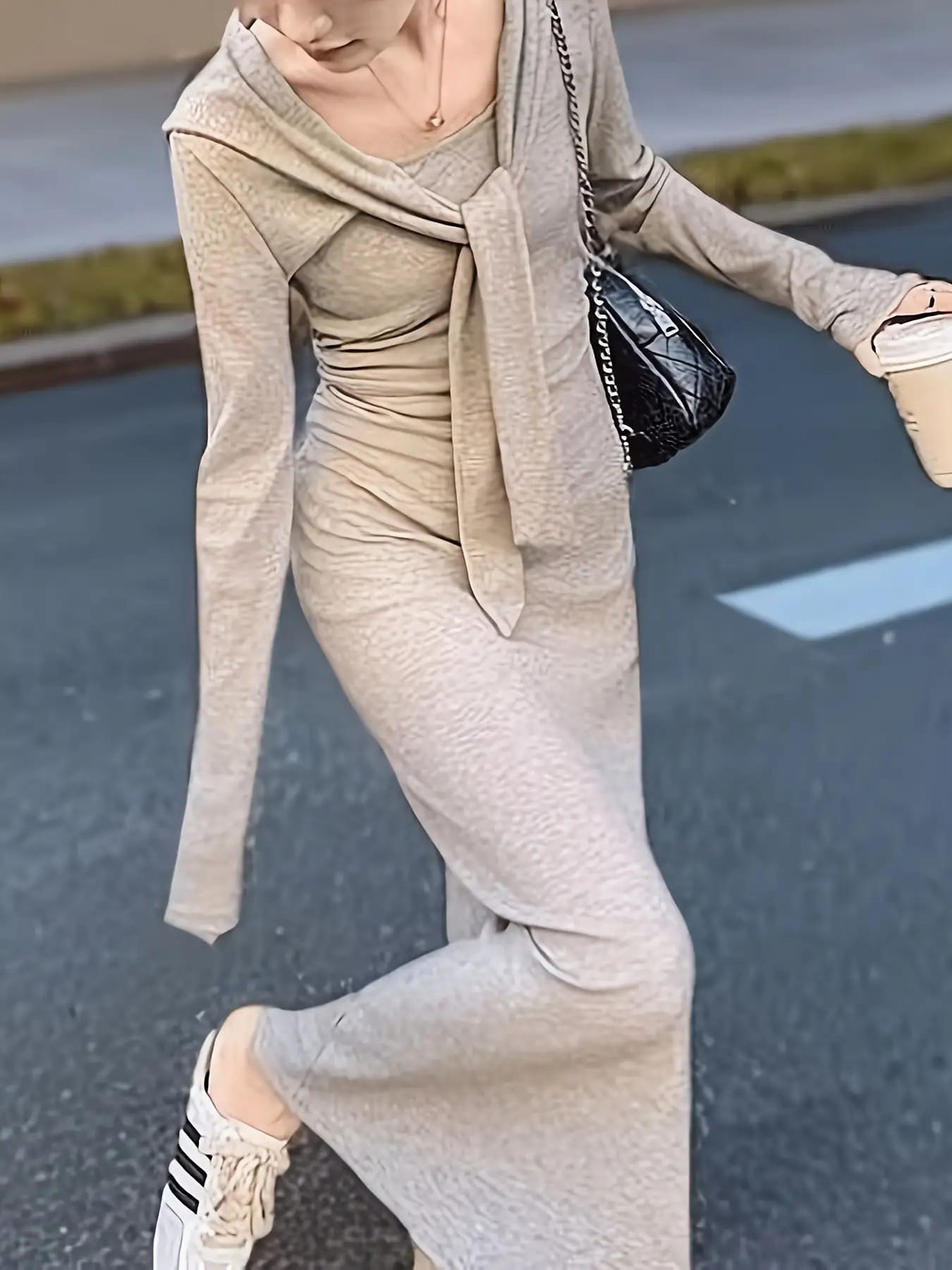 【タイデザイン】ニットワンピース ロング 長袖 秋 冬 レディース タイトワンピース マキシワンピース ロングワンピース きれいめ 膝下 縦ライン 伸縮 ストレッチ ウエストマーク 着痩せ 細見え 大人可愛い エレガント フェミニン 無地 シンプル オフィス 通勤 OL|Nartooston