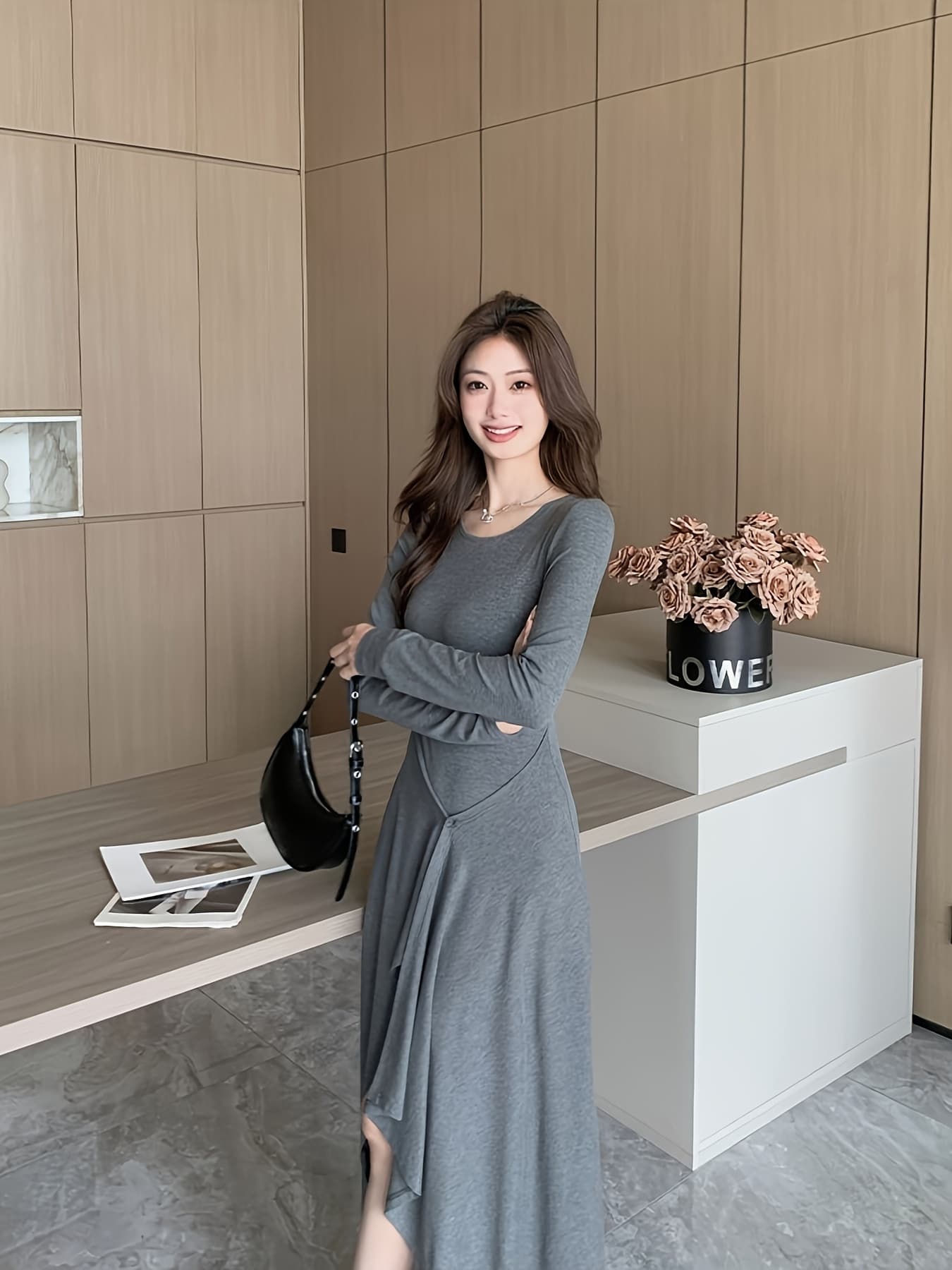 【アシンメトリー】ワンピース レディース 長袖 ロングワンピース マキシ丈 イレギュラーヘム ドレープ きれいめ 大人可愛い 痩せ見え 体型カバー 着痩せ 細見え ストレッチ 伸縮性 無地 クルーネック Aライン 膝下 春 秋 冬 オフィス 通勤 デート お呼ばれ|Nartooston