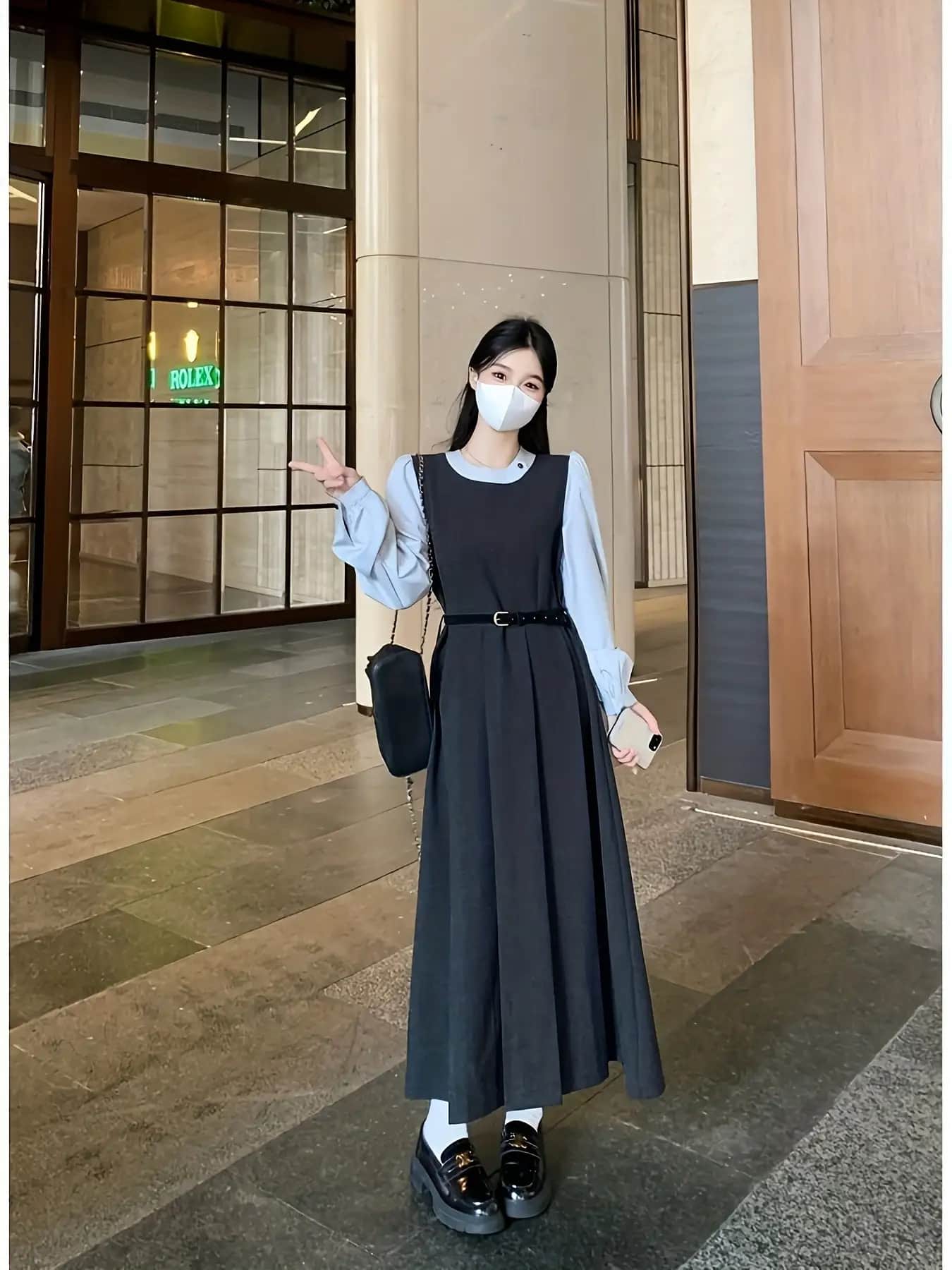 【お嬢様スタイル】ワンピース ロング レディース 重ね着風 切り替え 異素材 シャツワンピ 長袖 偽二枚 クルーネック Aライン プリーツ ウエストマーク ベルト付 体型カバー 着痩せ 細見え 大人可愛い キレイめ 通勤 オフィス OL デート 春 秋 20代 30代 40代 ママ|Nartooston