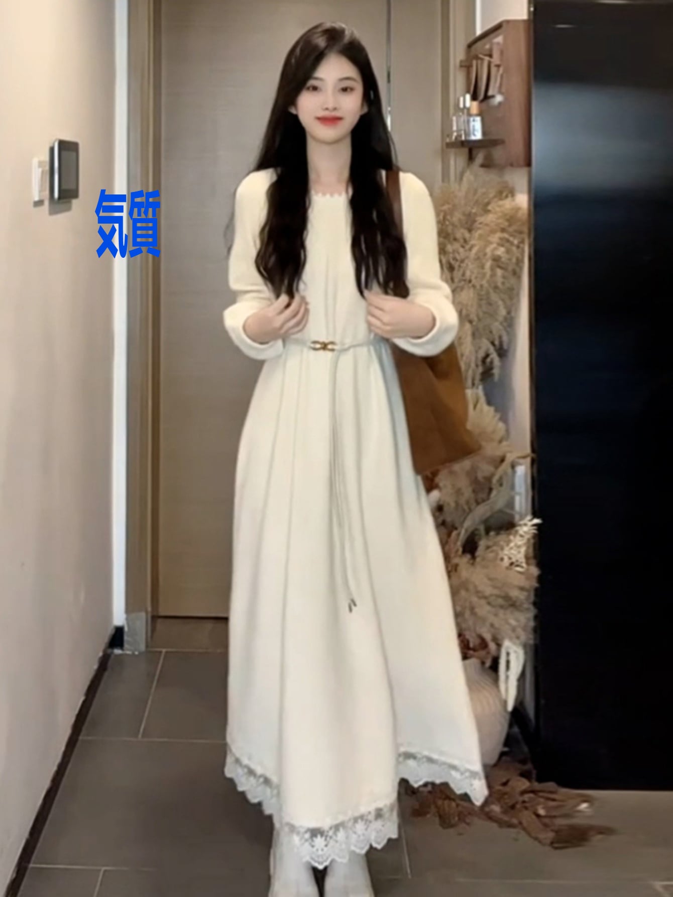 ワンピース レディース ロングワンピース 長袖 秋冬 きれいめ ロングワンピ 裾レース 白 アイボリー マキシ丈 ミモレ丈 膝下 Aライン ベルト付 ウエストマーク 体型カバー 着痩せ 細見え 20代 30代 40代 50代 大人可愛い エレガント フェミニン カジュアル オフィス|Nartooston