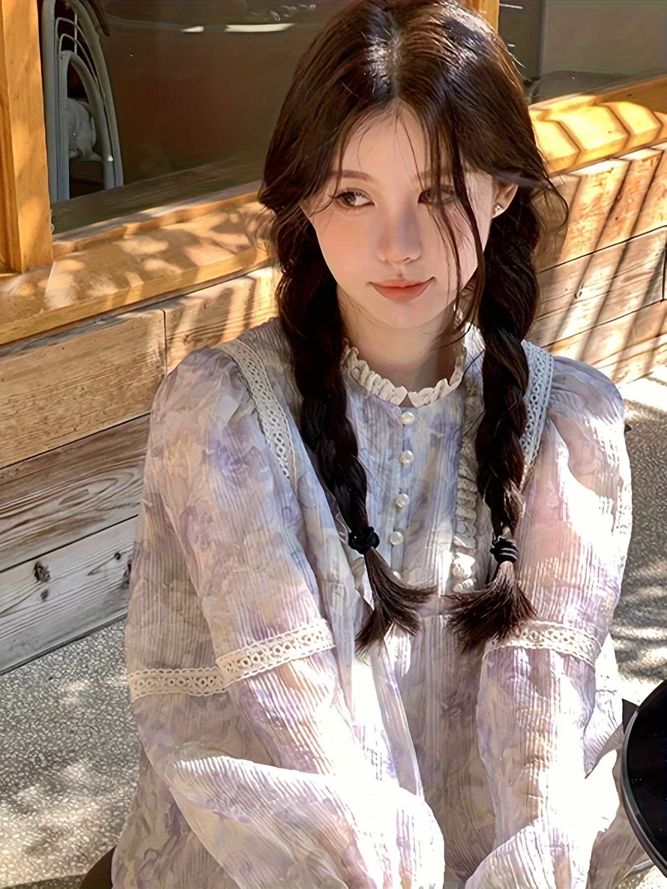 【大人可愛い】 ワンピース ロングワンピース レディース 花柄 パープル 紫 チュニック ロング丈 長袖 フリルネック スタンドカラー レース 切り替え パールボタン シフォン風 楊柳 シボ感 透け感 Aライン 体型カバー 二の腕カバー 着痩せ 細見え ゆったり 楽ちん|Nartooston