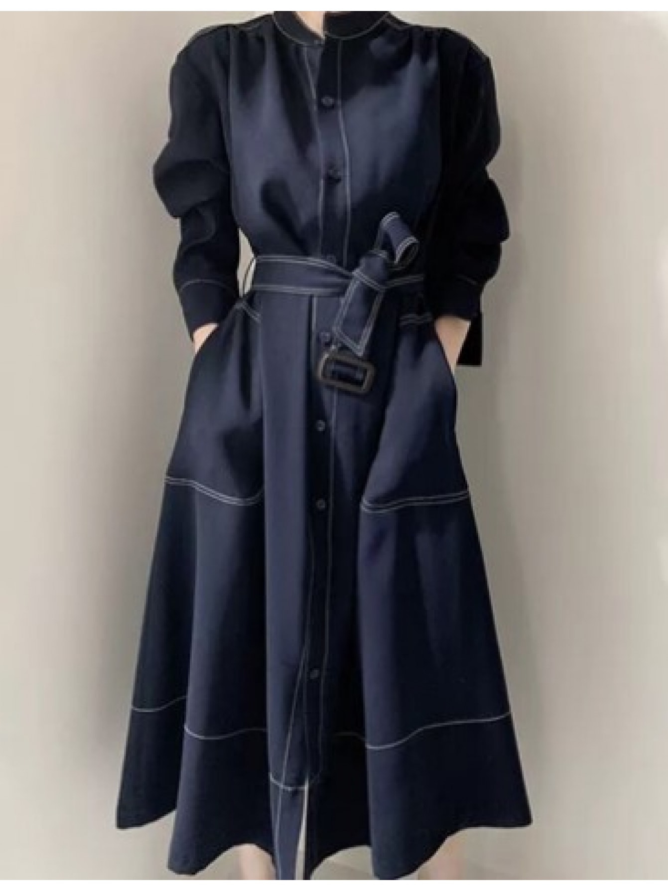 【ステッチデザイン】シャツワンピース ロング トレンチ風 ワンピース レディース バンドカラー スタンドカラー 長袖 ベルト付き ウエストマーク Aライン ミモレ丈 膝下 前開き ボタン シャツワンピ 体型カバー 着痩せ 細見え きれいめ カジュアル オフィス 通勤 OL|Nartooston