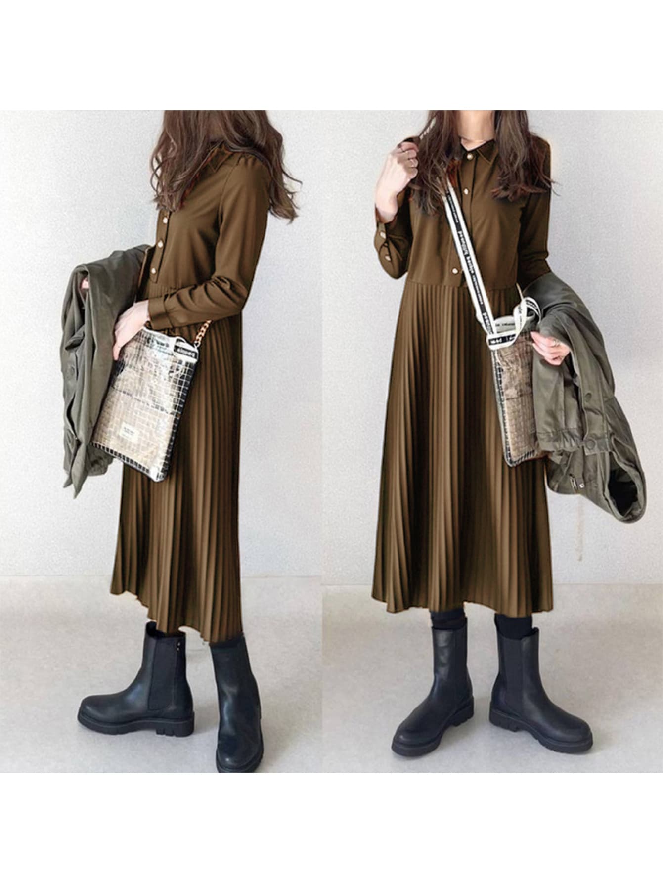 シャツワンピース ロングワンピース プリーツ ワンピース ミモレ丈 ロング丈 Aライン 長袖 襟付き 切り替え チュニック ワンピ 体型カバー 着痩せ 細見え 脚長効果 ハイウエスト ゆったり 大きいサイズ きれいめ カジュアル オフィス 通勤 OL 20代 30代 40代|Nartooston