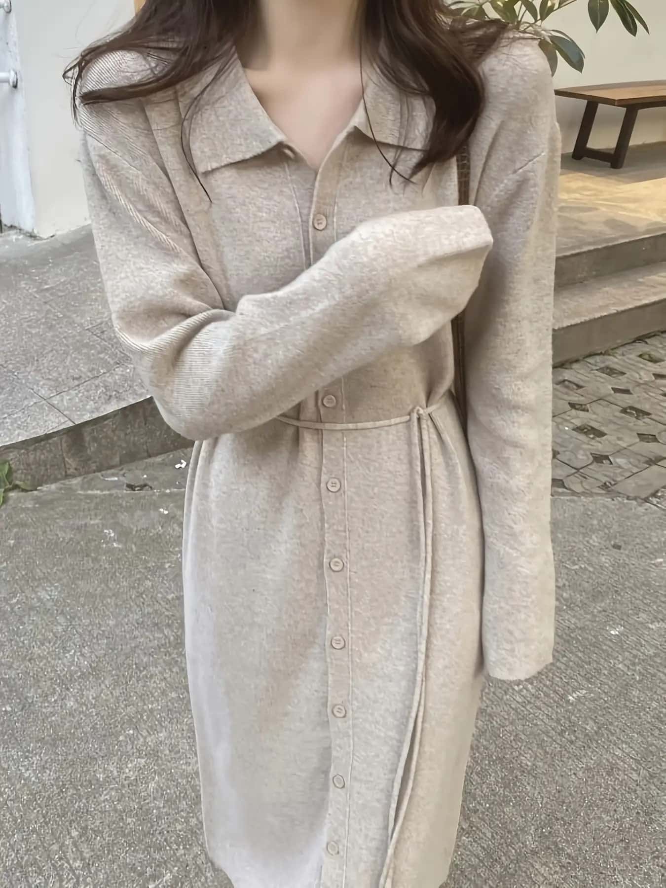 ニットワンピース ロング 襟付き 前開き 長袖 ウエストマーク きれいめ 大人可愛い ニット ワンピ ロングワンピース マキシ ボタン シャツワンピース 紐付き Aライン カジュアル 体型カバー 着痩せ 細見え 楽ちん 春 秋 冬 オフィス 通勤 OL 普段使い 30代 40代|Nartooston