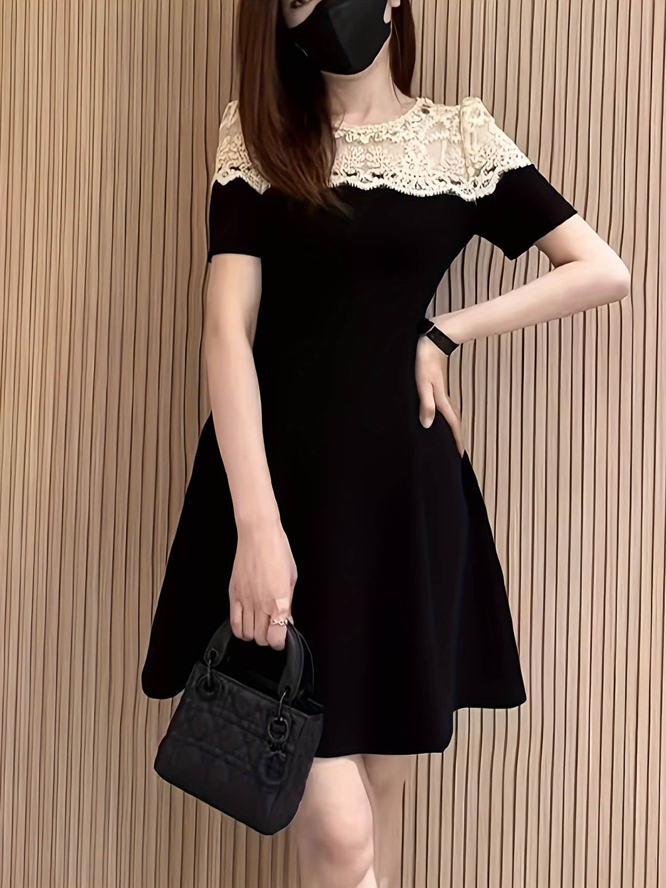 【大人可愛い】 ワンピース レディース 半袖 レース 切り替え Aライン 膝丈 ひざ丈 ワンピ ドレス 配色 バイカラー きれいめ エレガント フェミニン 体型カバー 着痩せ 細見え 痩せて見える 二の腕カバー 通勤 オフィス OL 結婚式 二次会 お呼ばれ パーティー デート|Nartooston