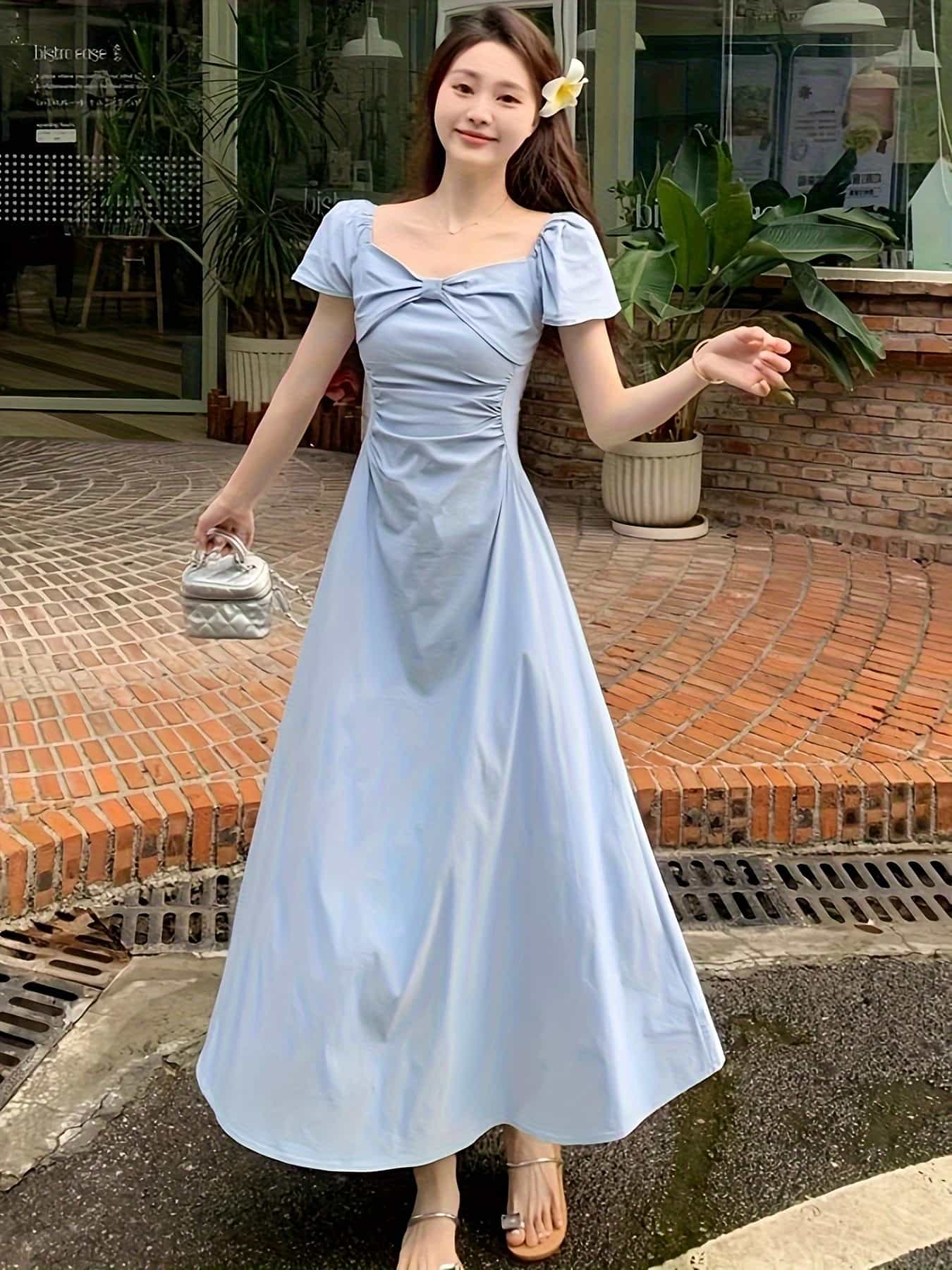 【大人可愛い】ワンピース レディース ロングワンピース マキシ丈 スクエアネック 半袖 Aライン ウエストマーク 切り替え シャーリング 体型カバー 着痩せ 細見え 二の腕カバー 華奢見え 脚長効果 きれいめ レトロ フレンチ デート お呼ばれ 旅行 リゾート 春 夏 秋|Nartooston