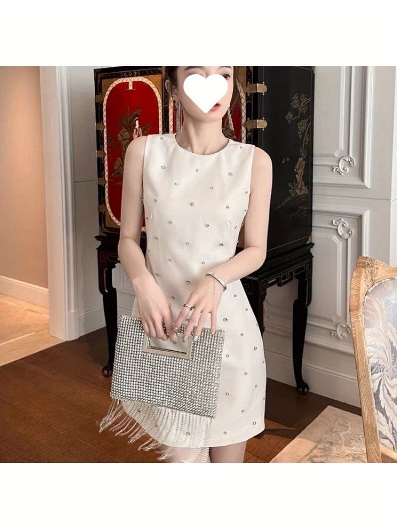 【ビジュー付き】 ワンピース レディース ノースリーブ タイト ドレス ラインストーン きれいめ セクシー ミニ 膝丈 結婚式 二次会 パーティー お呼ばれ キャバ 披露宴 演奏会 発表会 フォーマル 20代 30代 40代 春 夏 秋 冬 ホワイト 白 無地 ウエストマーク 着痩せ｜Nartooston