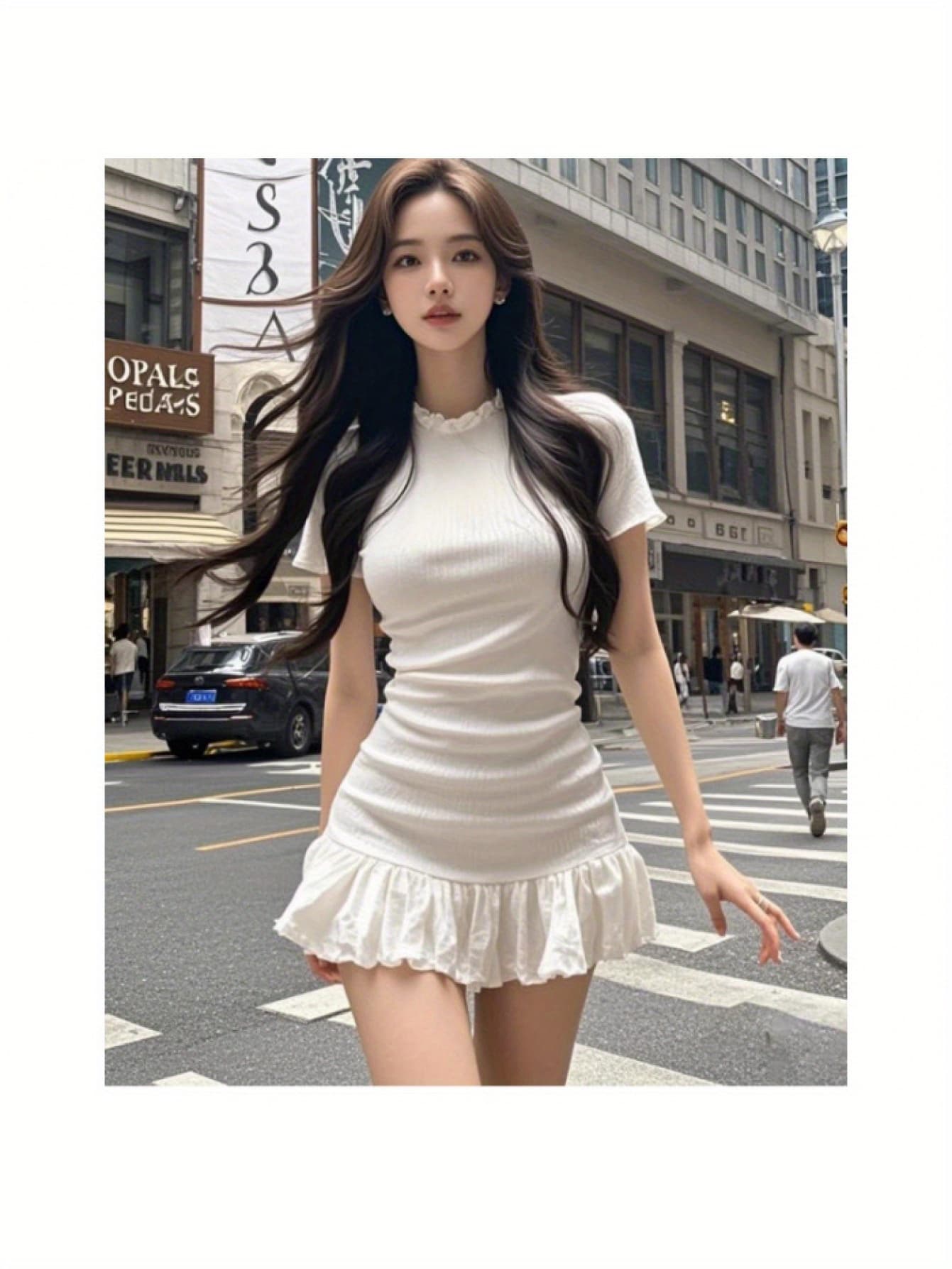 【美シルエット】ワンピース レディース 半袖 タイト ミニ 裾フリル メロウ ハイネック モックネック リブ ストレッチ 伸縮性 着痩せ 細見え 脚長 美脚 セクシー 大人可愛い 韓国風 春 夏 秋 ホワイト 白 無地 カジュアル きれいめ デート 女子会 旅行 普段着｜Nartooston