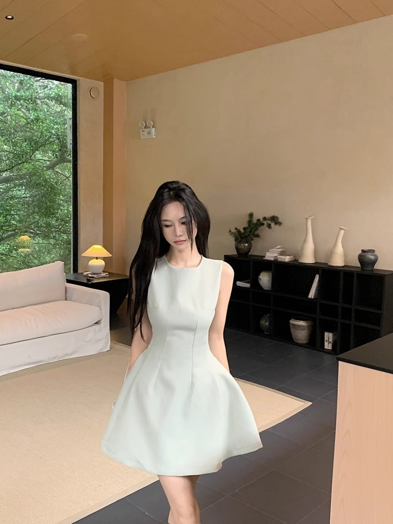 ノースリーブ ワンピース ミニ Aライン レディース タンクワンピース ワンピ ミニワンピース ショート丈 夏 春 きれいめ 大人可愛い 着痩せ 体型カバー 細見え 脚長 20代 30代 40代 50代 ウエストマーク 丸首 クルーネック 無地 シンプル カジュアル オフィス 通勤 OL|Nartooston