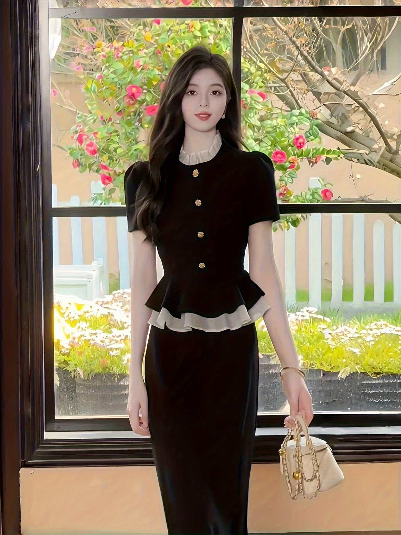 【セットアップ風】ワンピース レディース ロング 膝丈 半袖 きれいめ 大人可愛い フェミニン 襟付き フリル ぺプラム ウエストマーク 金ボタン 切り替え 体型カバー 着痩せ 細見え 脚長効果 通勤 オフィス OL お呼ばれ 結婚式 二次会 卒業式 入学式 ドレス 冠婚葬祭｜Nartooston